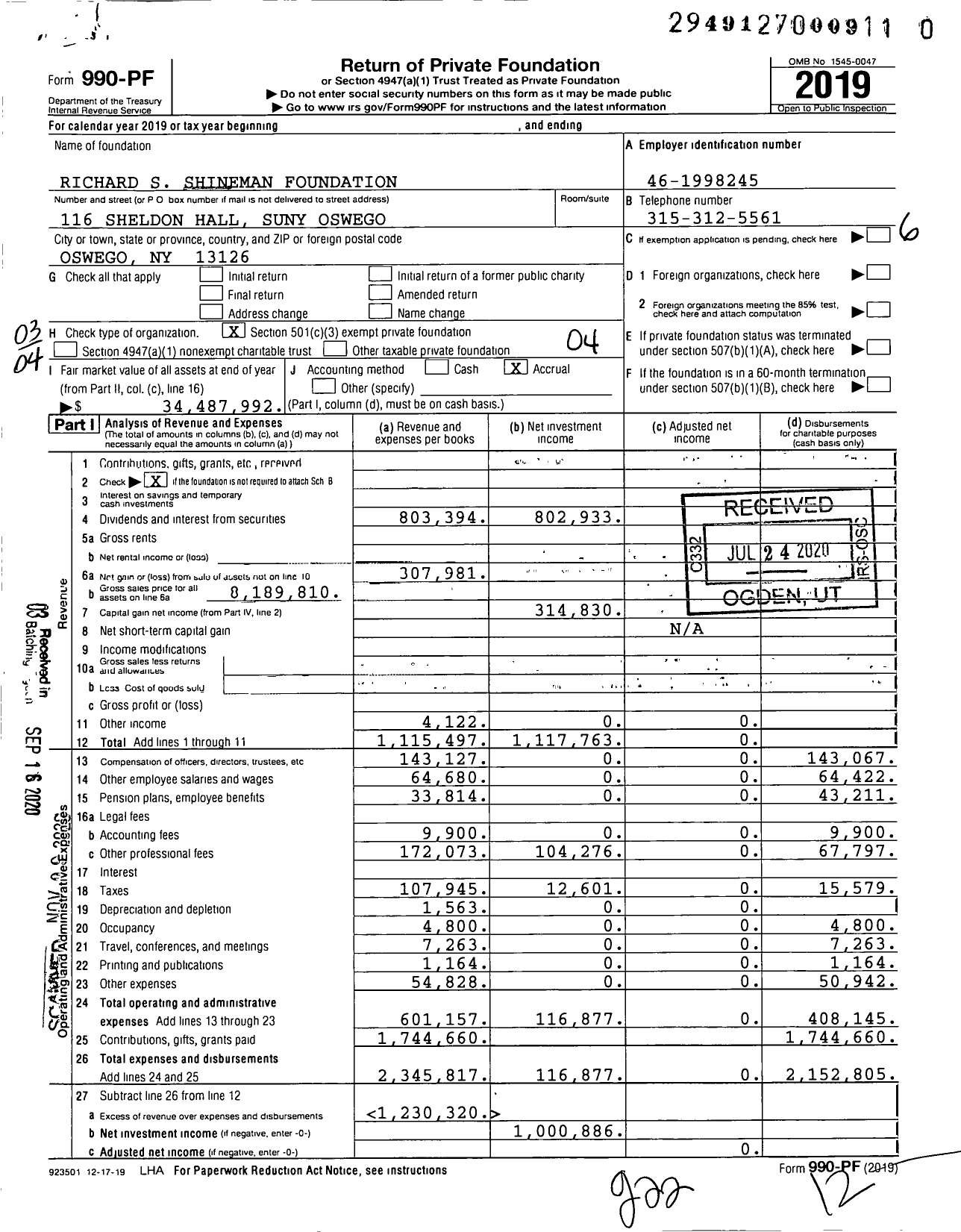 Image of first page of 2019 Form 990PF for Richard S Shineman Foundation
