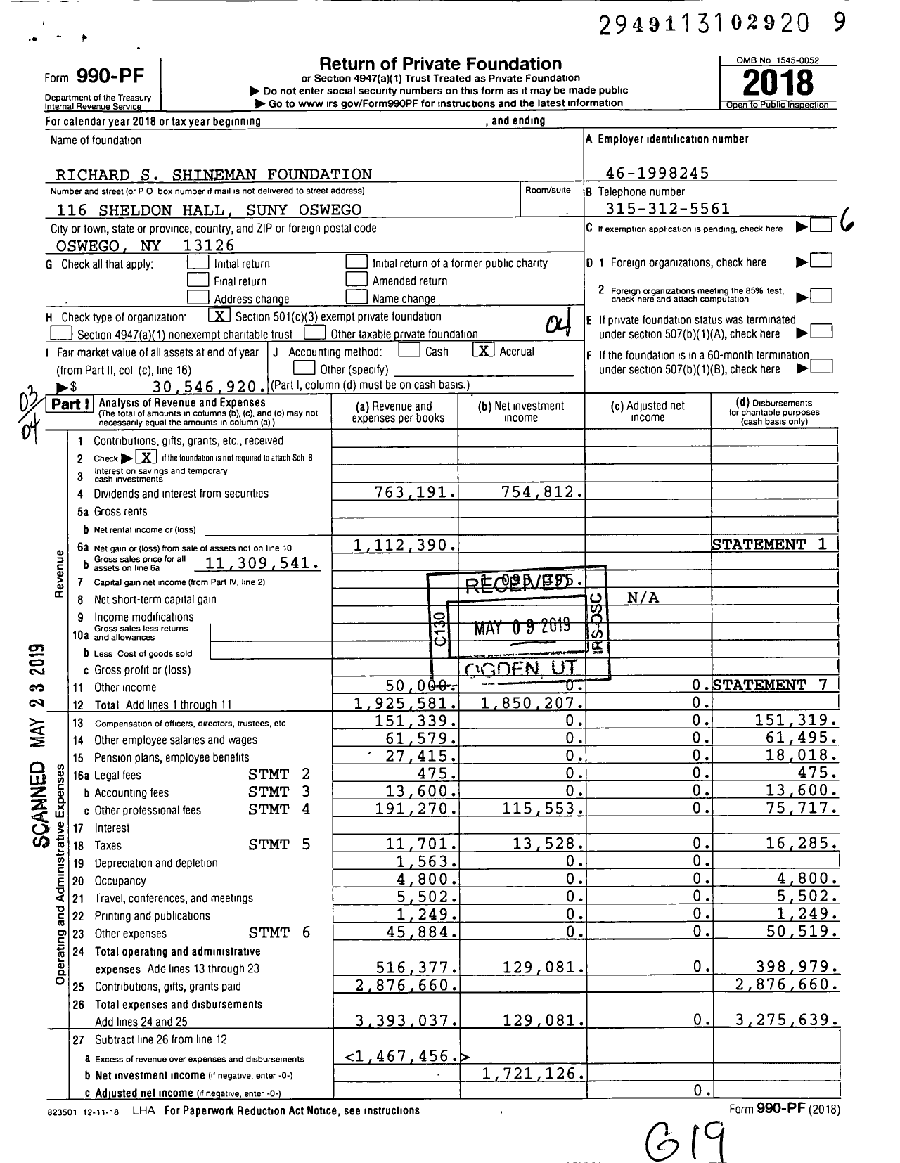 Image of first page of 2018 Form 990PF for Richard S Shineman Foundation