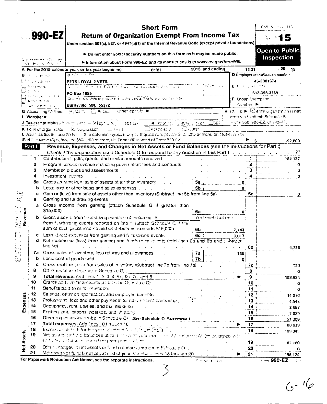 Image of first page of 2015 Form 990EZ for Pets Loyal 2 Vets