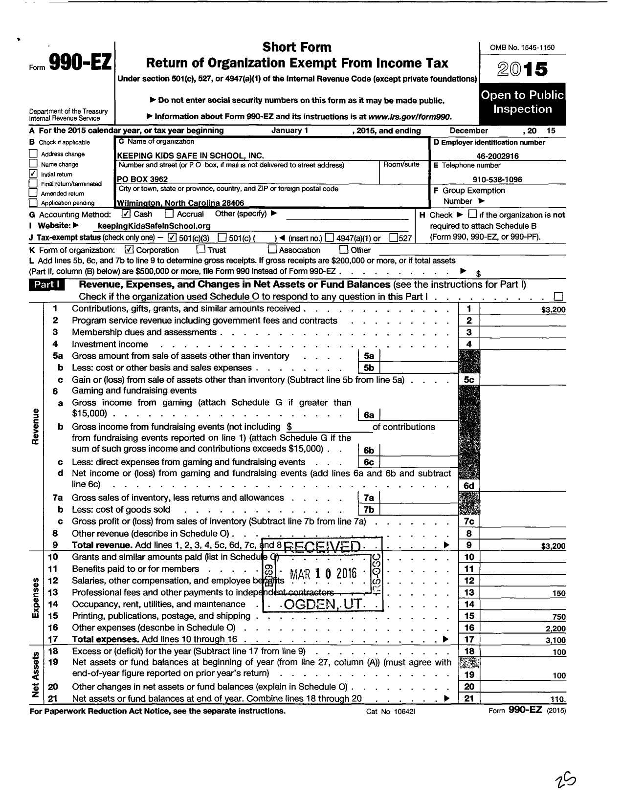 Image of first page of 2015 Form 990EZ for Keeping Kids Safe in School