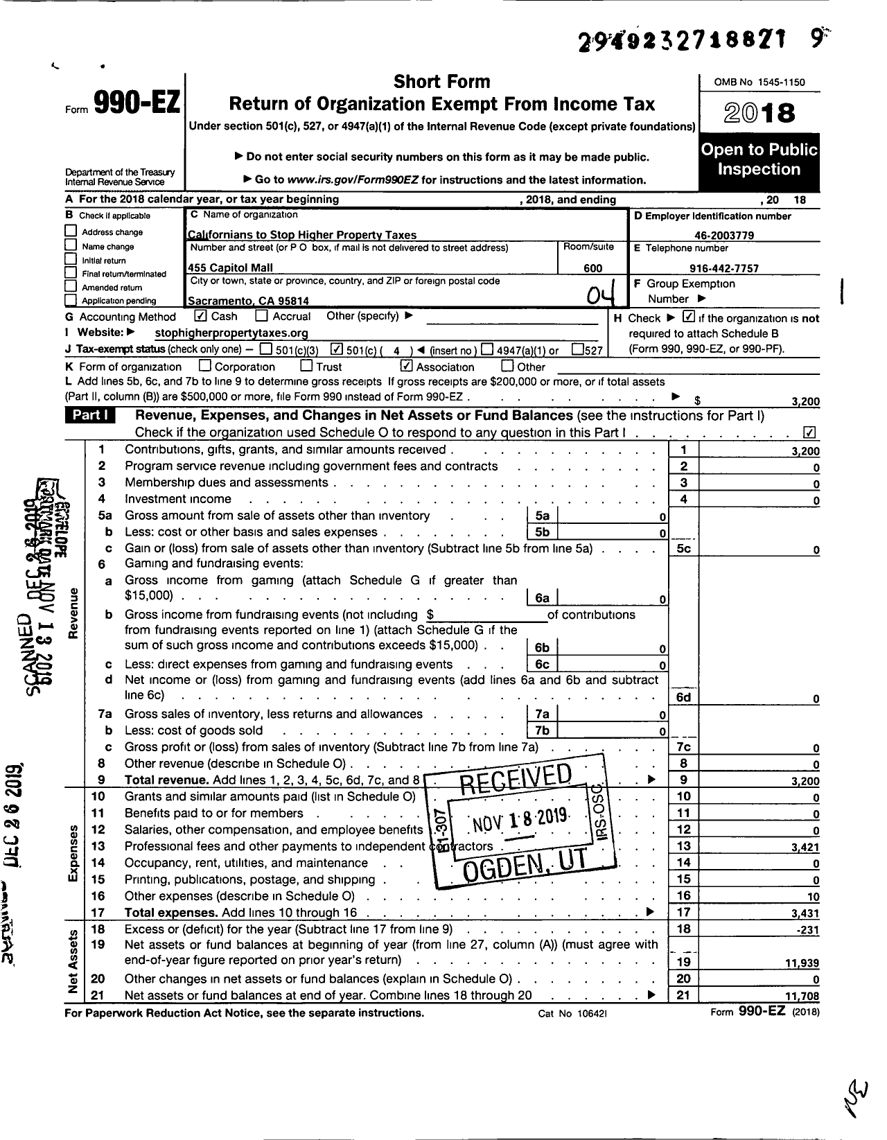 Image of first page of 2018 Form 990EO for Californians to Stop Higher Property Taxes