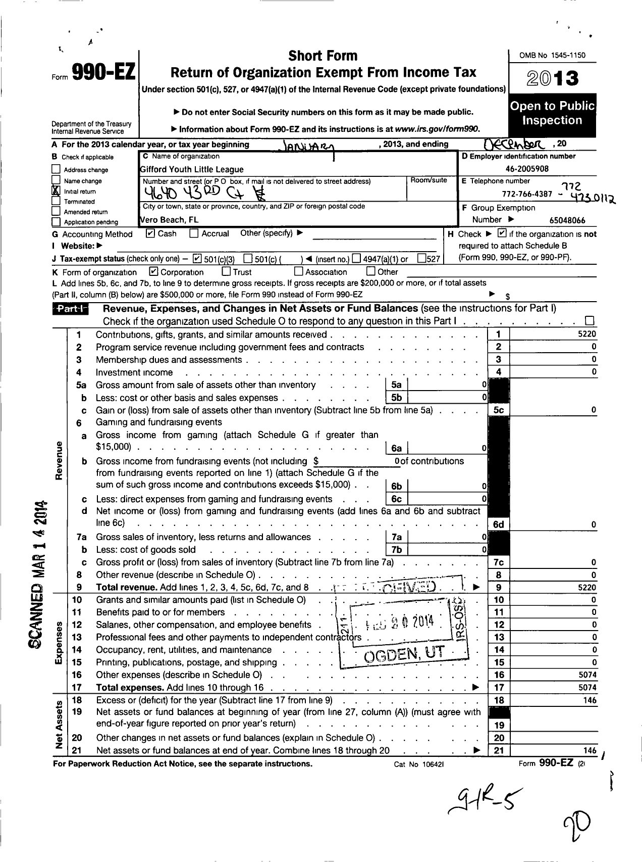 Image of first page of 2013 Form 990EZ for Little League Baseball - 3091721 Gifford Youth LL