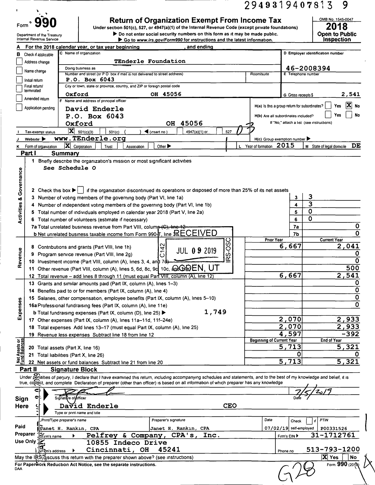 Image of first page of 2018 Form 990 for Tenderle Foundation