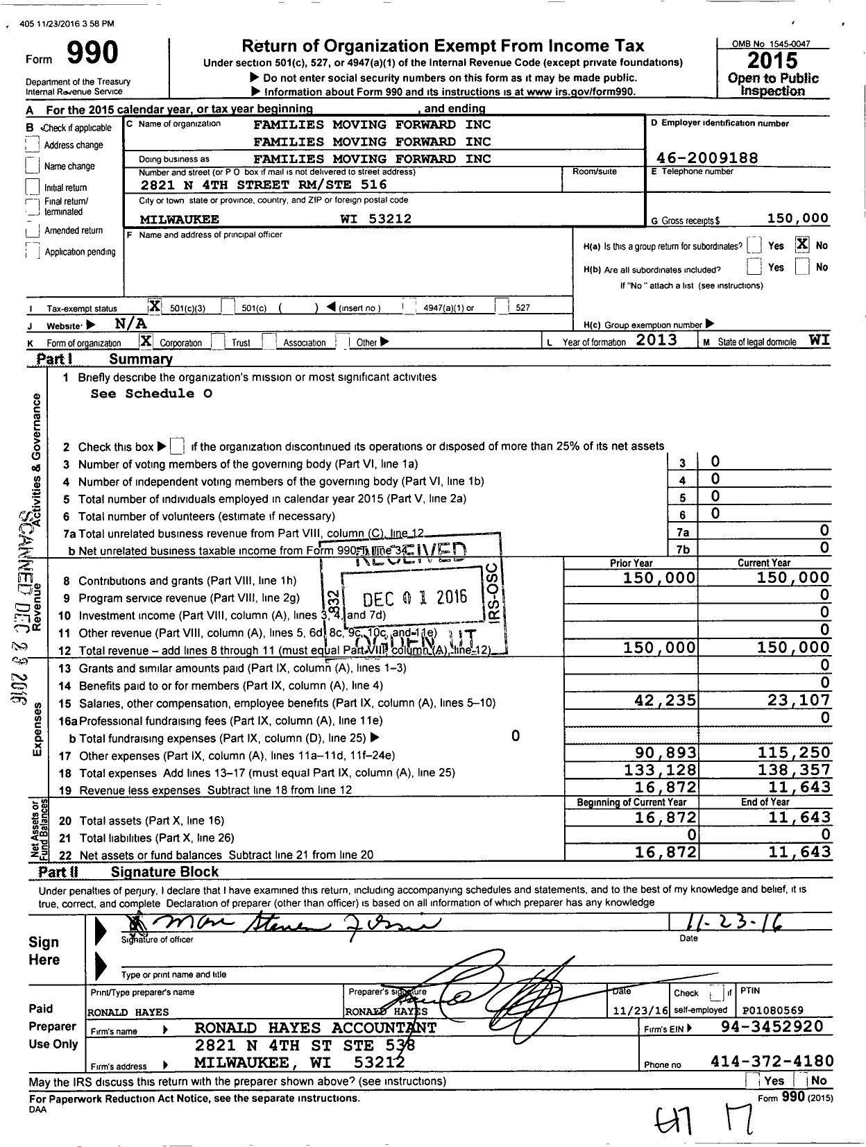 Image of first page of 2015 Form 990 for Families Moving Forward Families Moving Forward