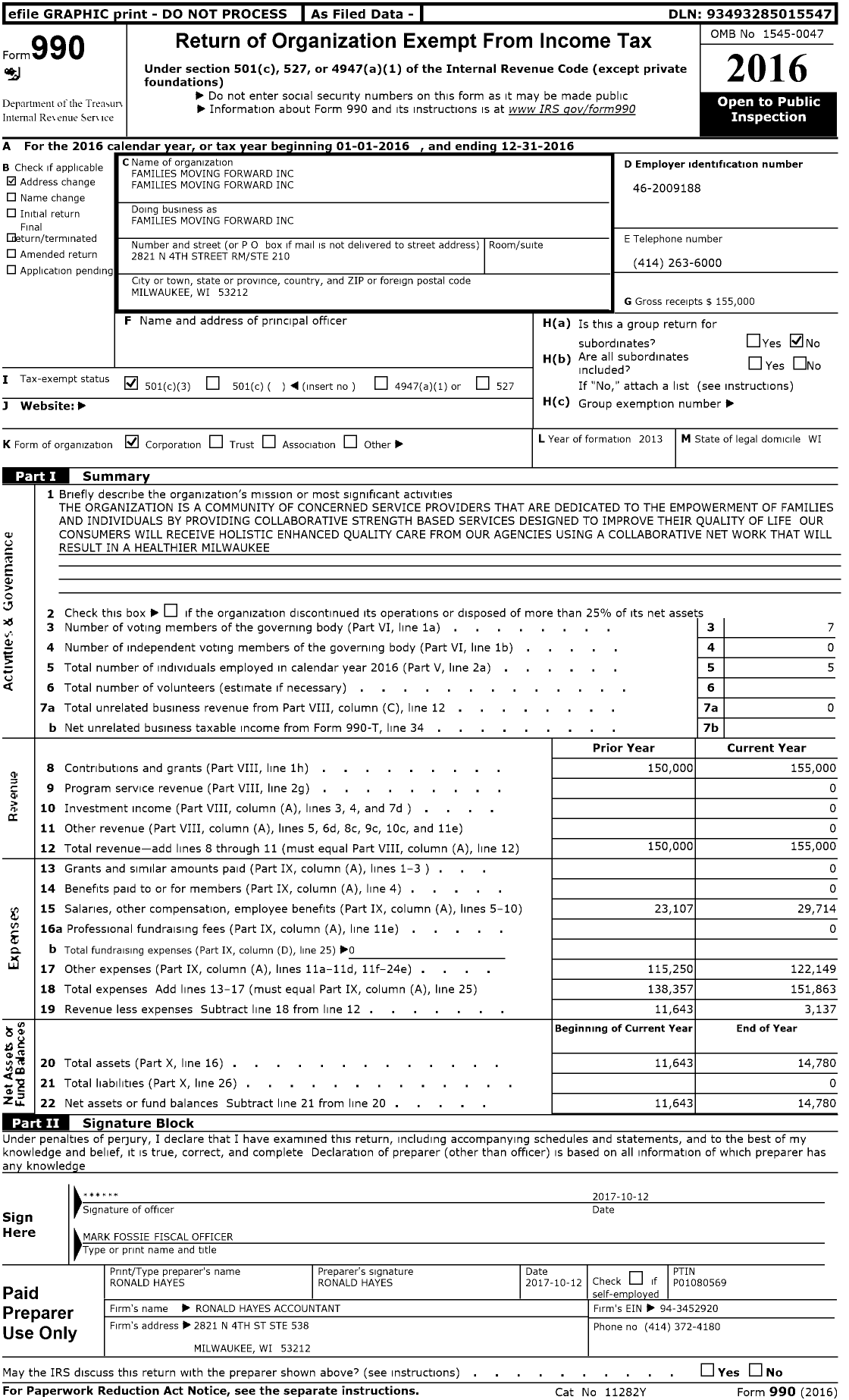 Image of first page of 2016 Form 990 for Families Moving Forward Families Moving Forward