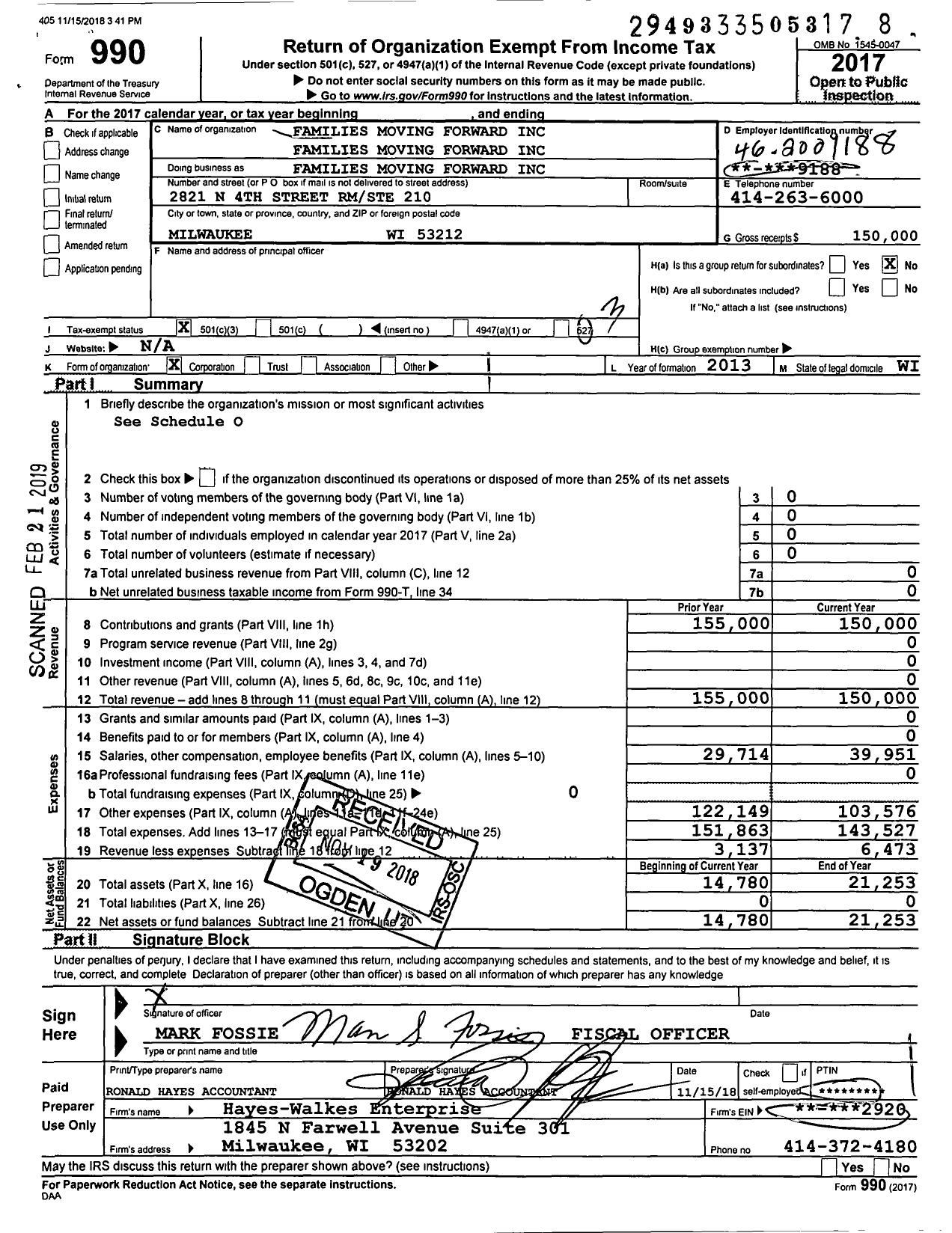 Image of first page of 2017 Form 990 for Families Moving Forward Families Moving Forward