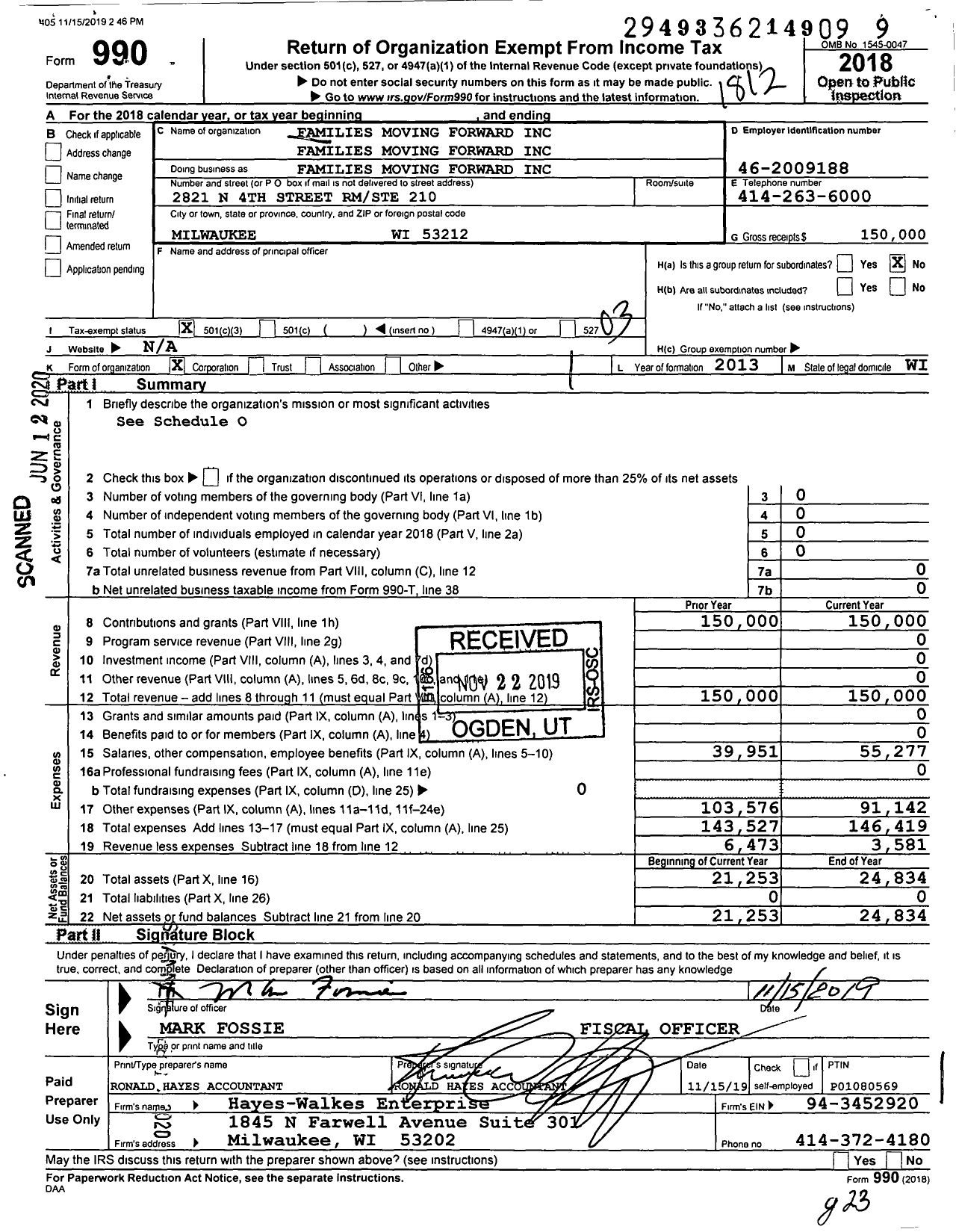 Image of first page of 2018 Form 990 for Families Moving Forward Families Moving Forward