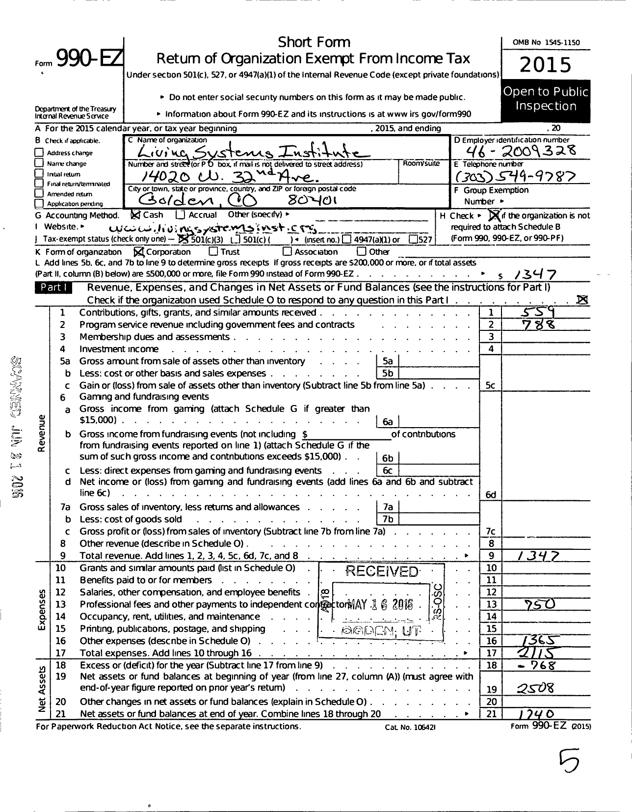 Image of first page of 2015 Form 990EZ for Living Systems Institute