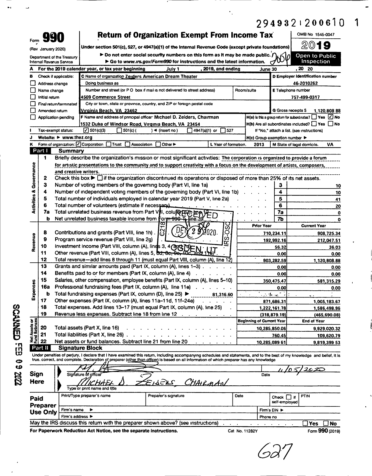 Image of first page of 2019 Form 990 for Zeiders American Dream Theater