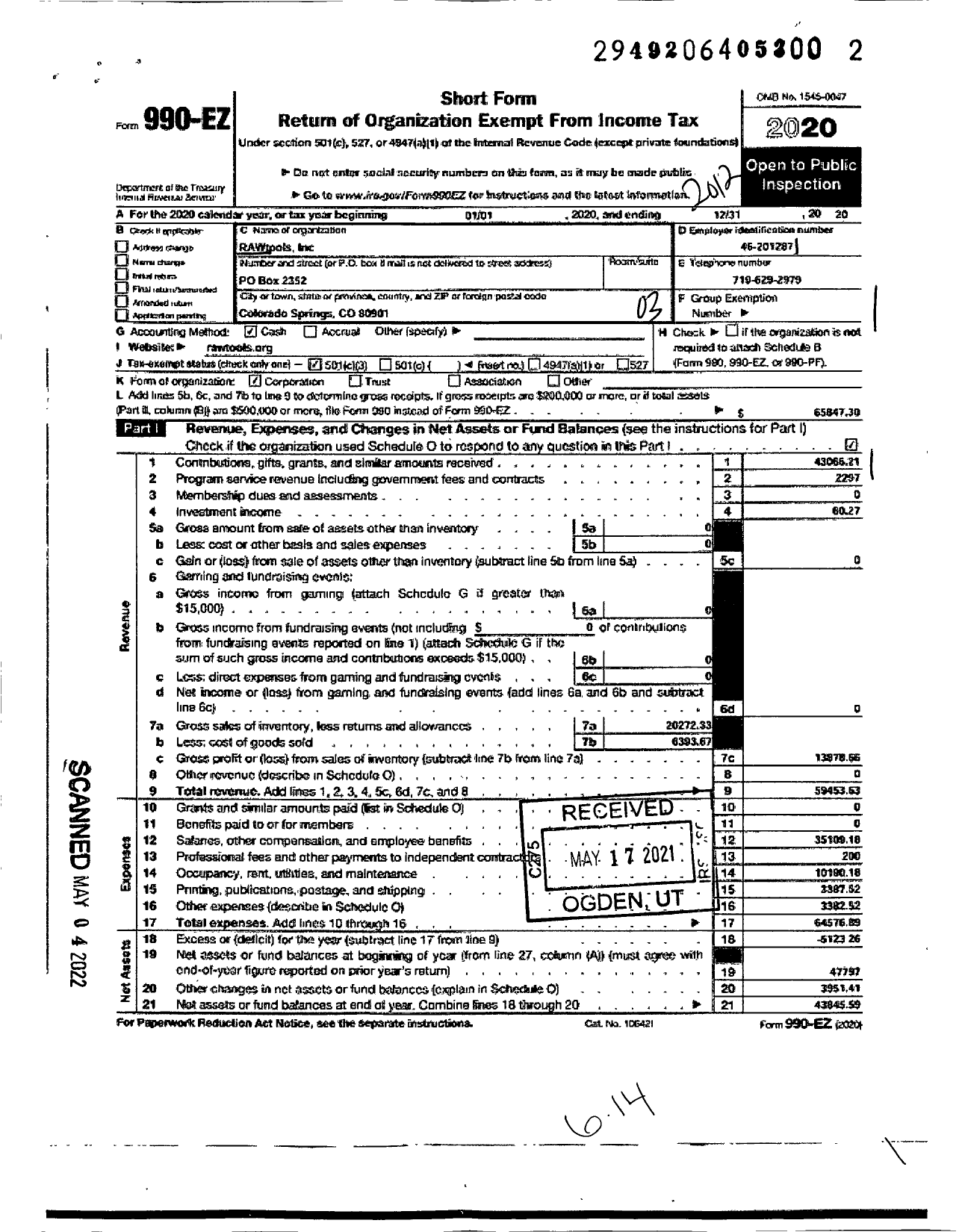 Image of first page of 2020 Form 990EZ for RAWtools