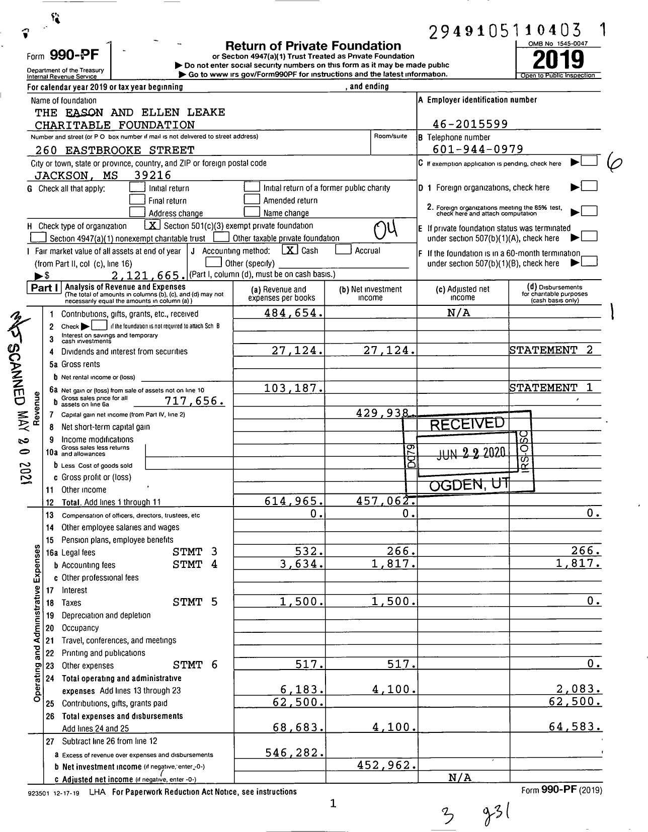 Image of first page of 2019 Form 990PF for The Eason and Ellen Leake Charitable Foundation