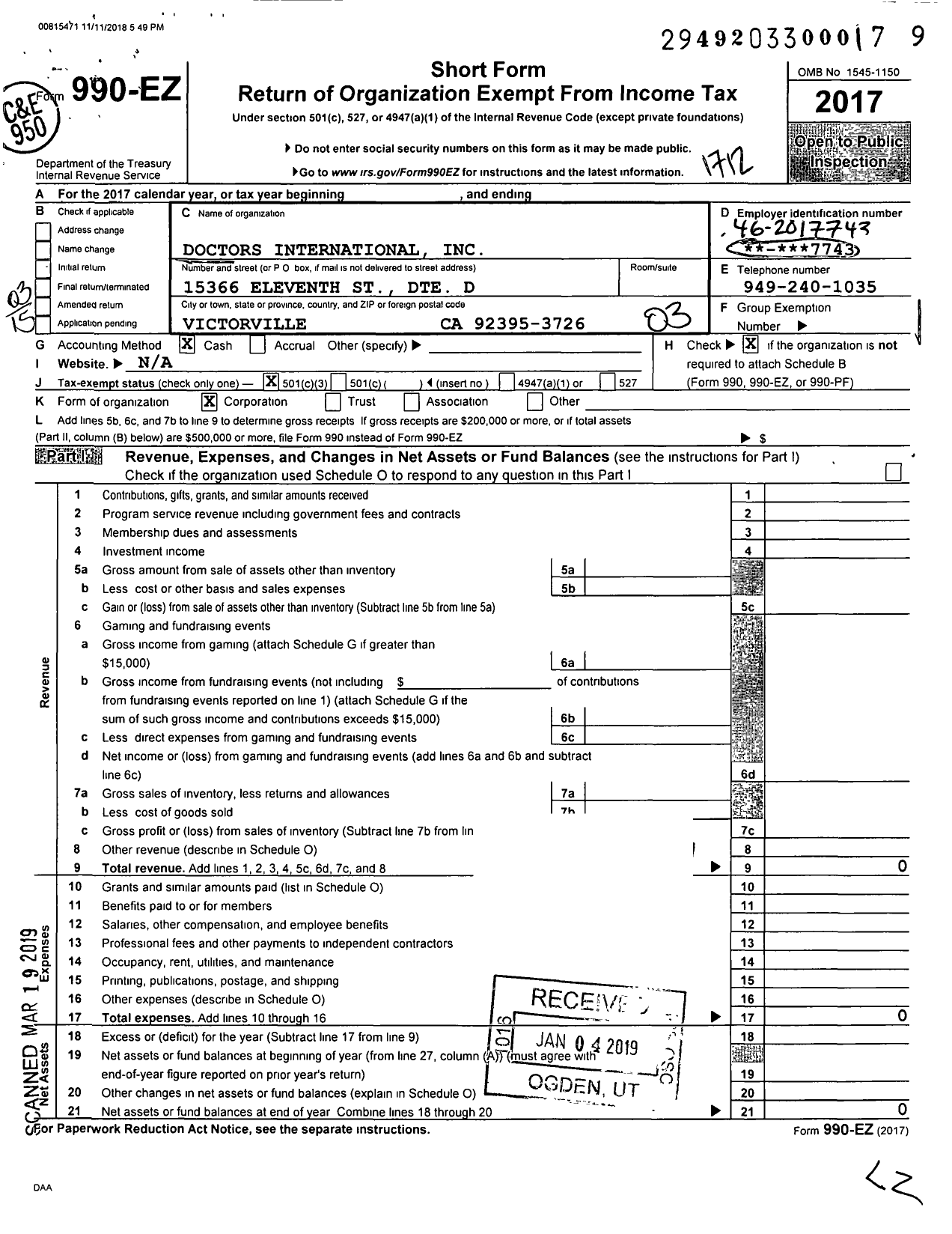 Image of first page of 2017 Form 990EZ for Doctors International