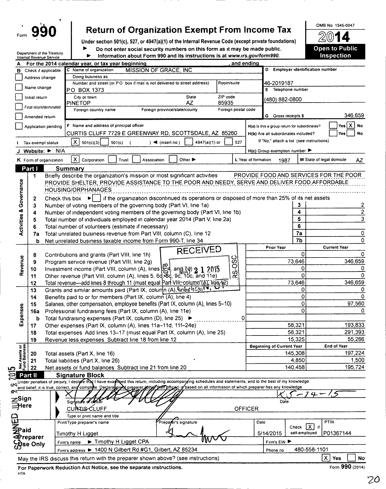 Image of first page of 2014 Form 990 for Partners in Action / Mission of Grace