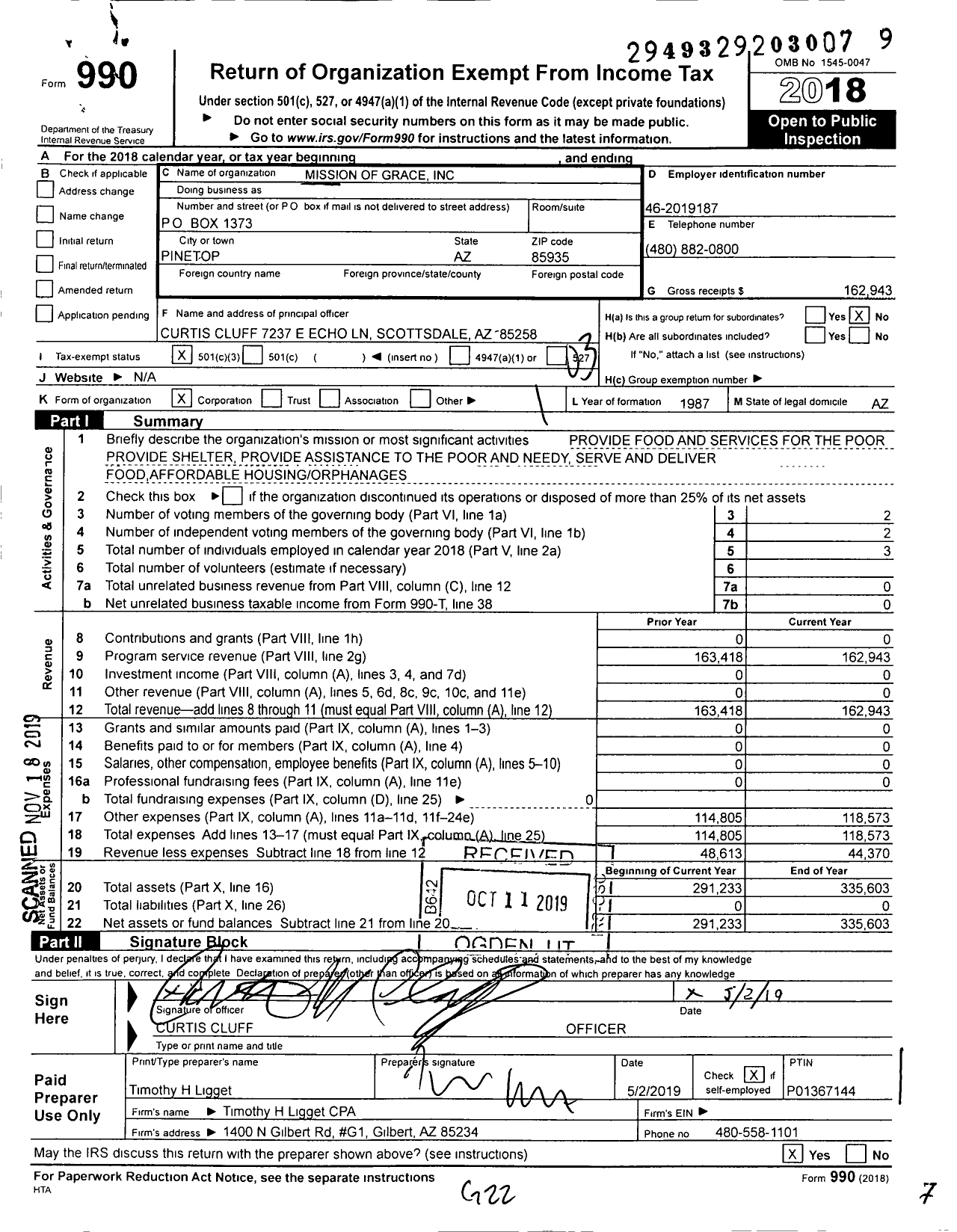 Image of first page of 2018 Form 990 for Partners in Action / Mission of Grace