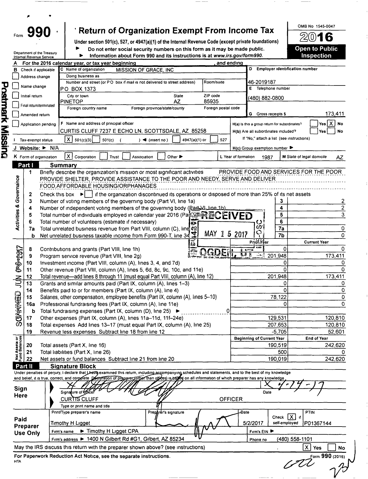 Image of first page of 2016 Form 990 for Partners in Action / Mission of Grace