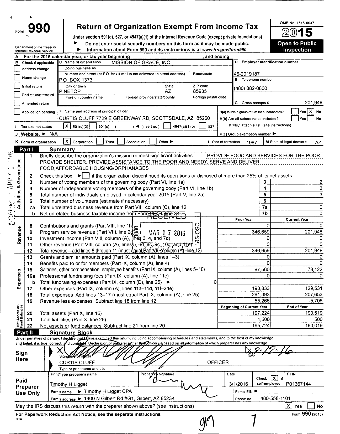 Image of first page of 2015 Form 990 for Partners in Action / Mission of Grace