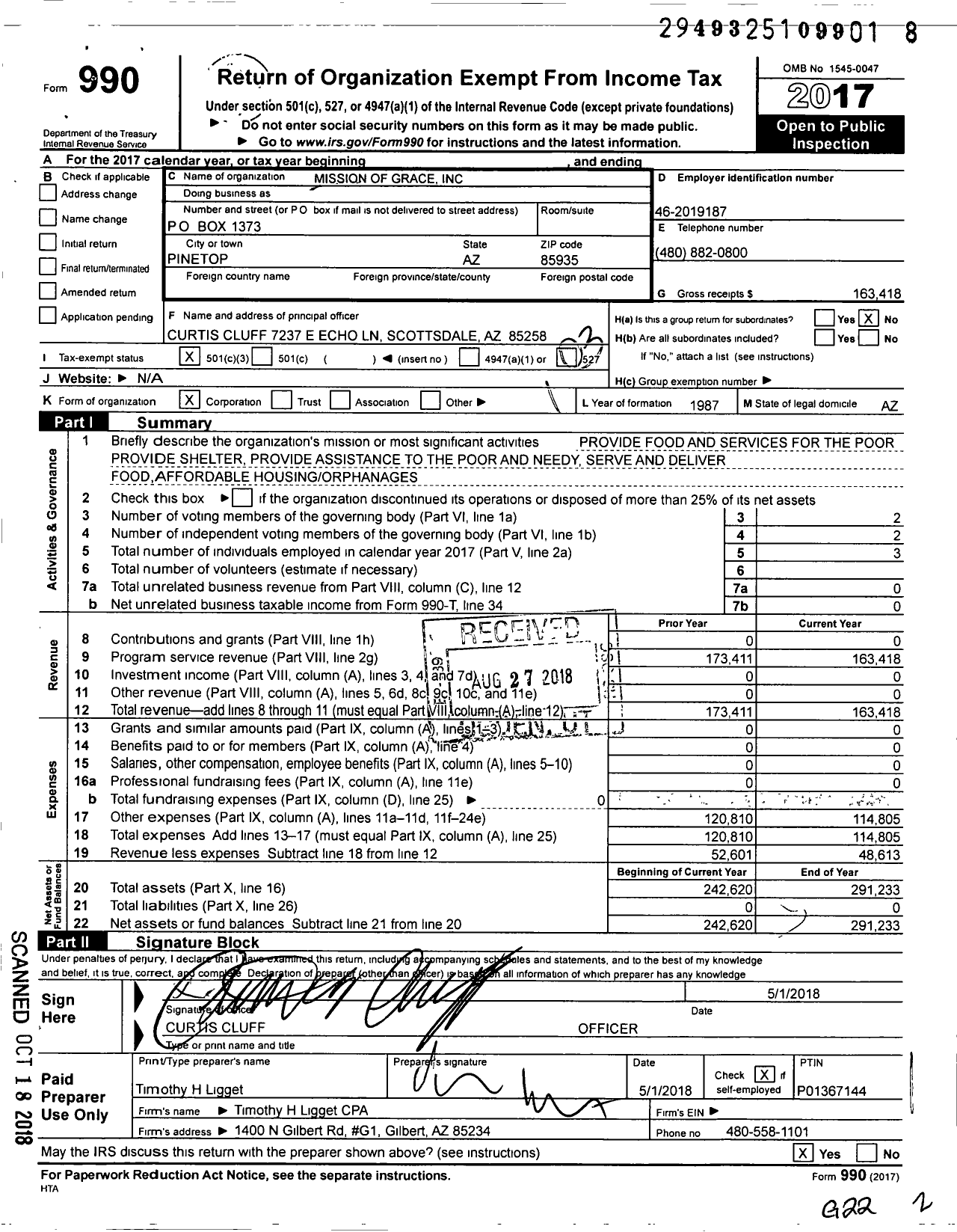 Image of first page of 2017 Form 990 for Partners in Action / Mission of Grace