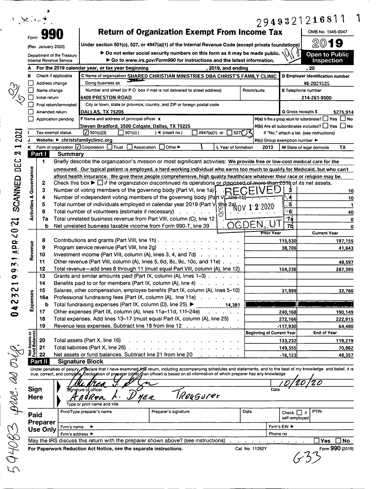 Image of first page of 2019 Form 990 for Christ's Family Clinic