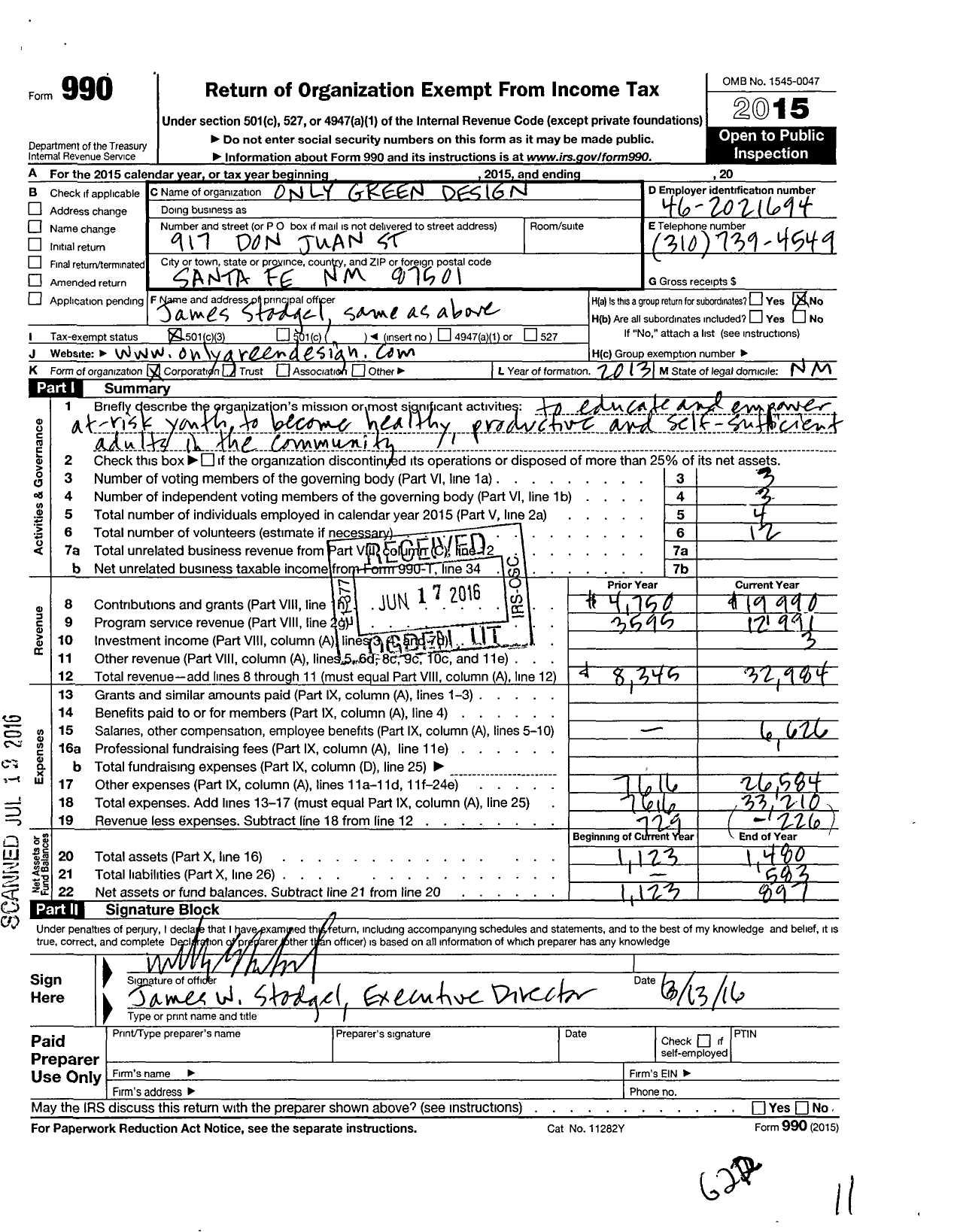 Image of first page of 2015 Form 990 for Only Green Design