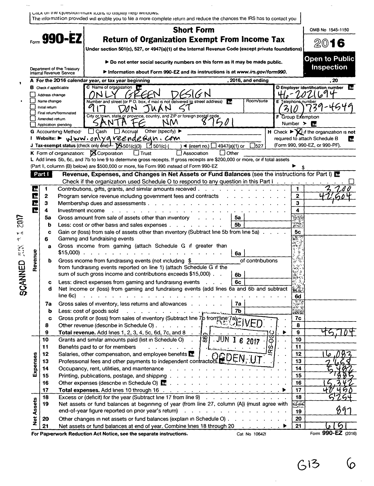 Image of first page of 2016 Form 990EZ for Only Green Design