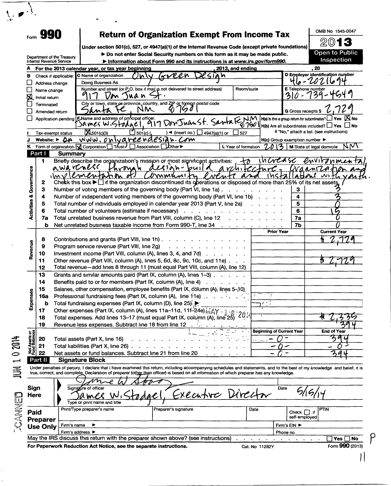 Image of first page of 2013 Form 990 for Only Green Design