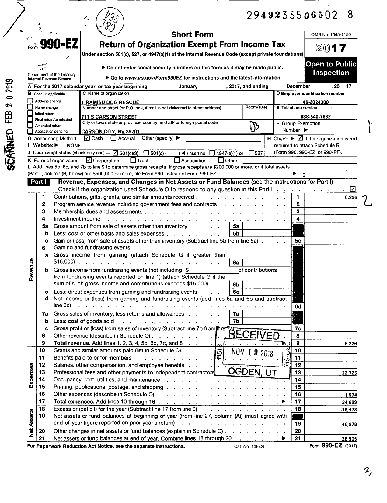 Image of first page of 2017 Form 990EZ for Tiramisu Dog Rescue