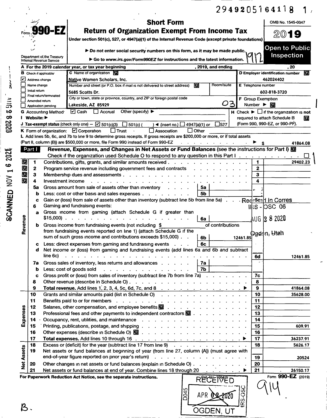 Image of first page of 2019 Form 990EZ for Native Women Scholars