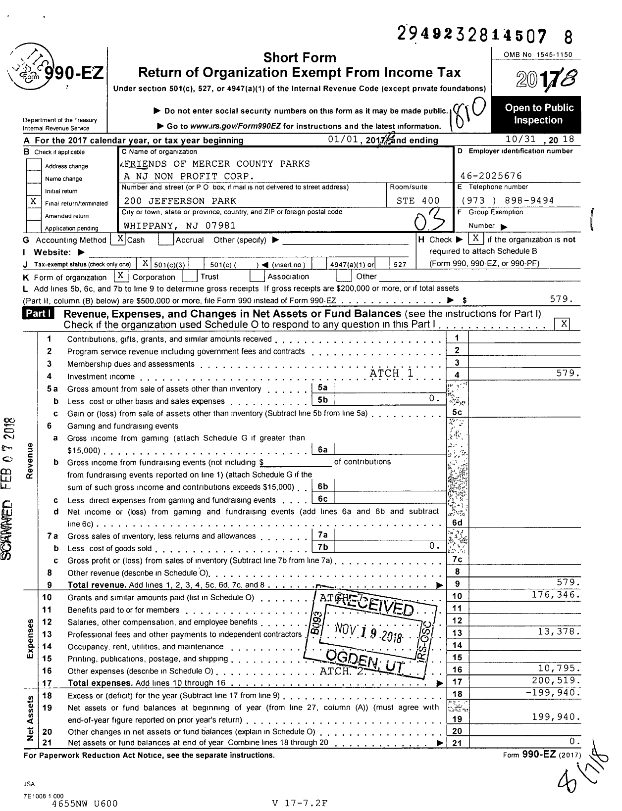 Image of first page of 2017 Form 990EZ for Friends of Mercer County Parks A NJ Non Profit Corporation