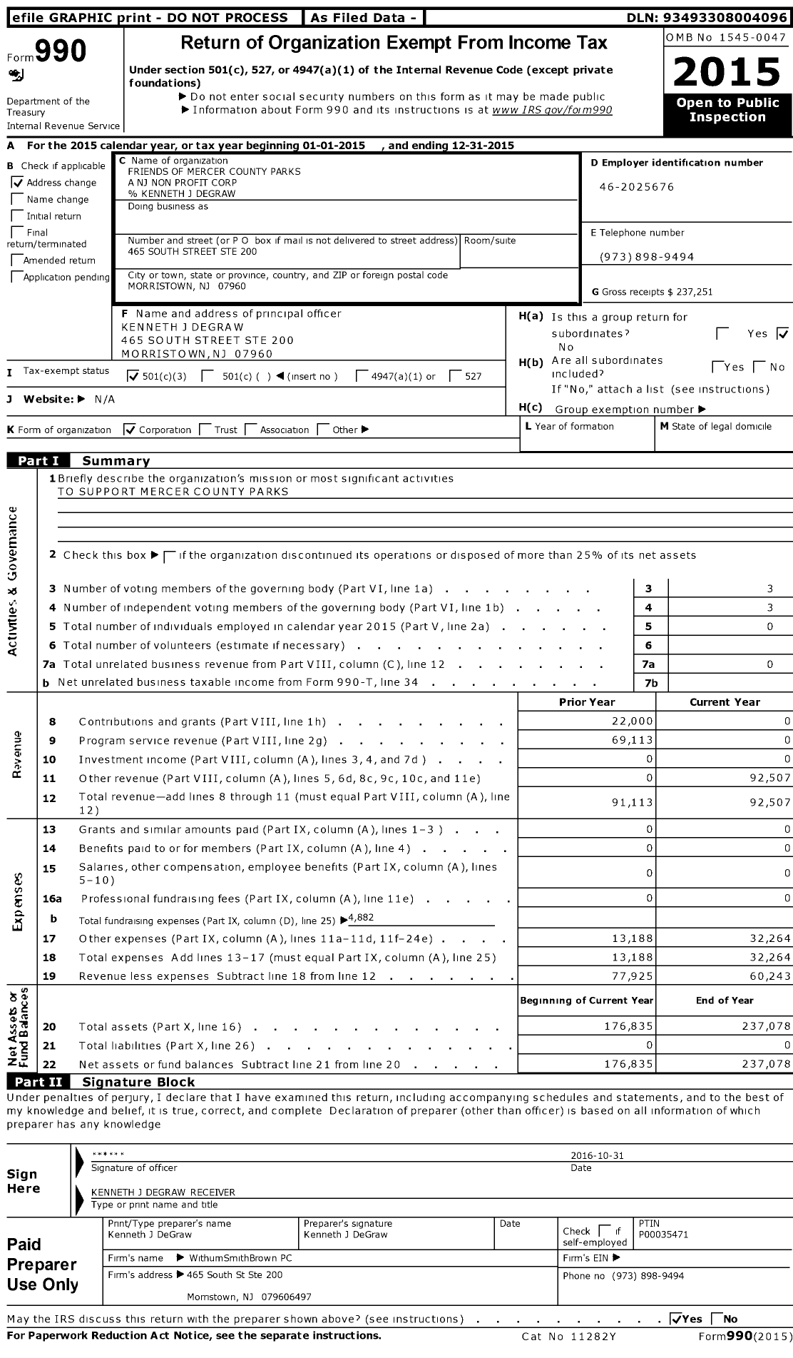 Image of first page of 2015 Form 990 for Friends of Mercer County Parks A NJ Non Profit Corporation