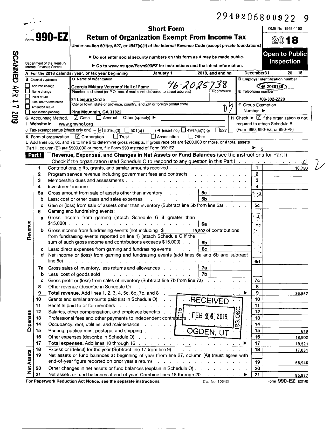 Image of first page of 2018 Form 990EZ for Georgia Military Veterans Hall of Fame