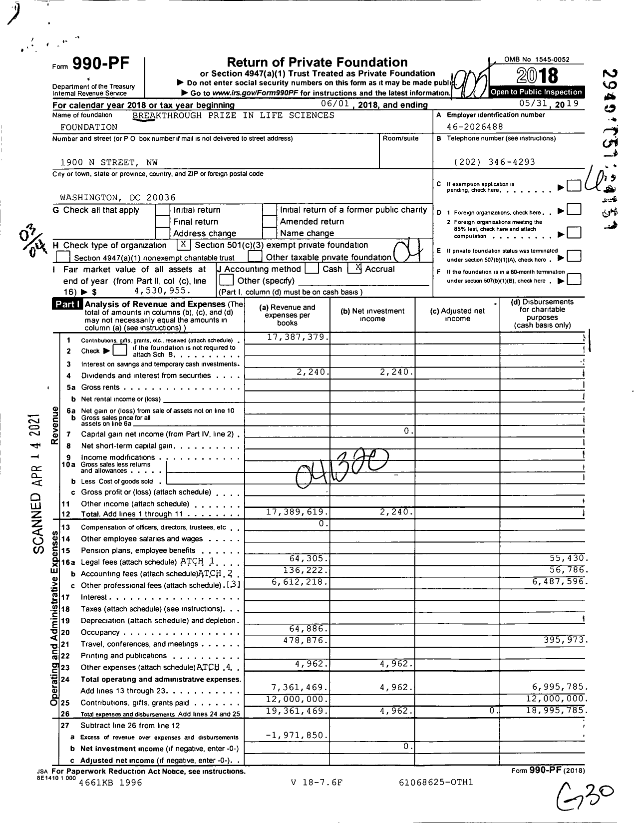 Image of first page of 2018 Form 990PF for Breakthrough Prize in Life Sciences Foundation