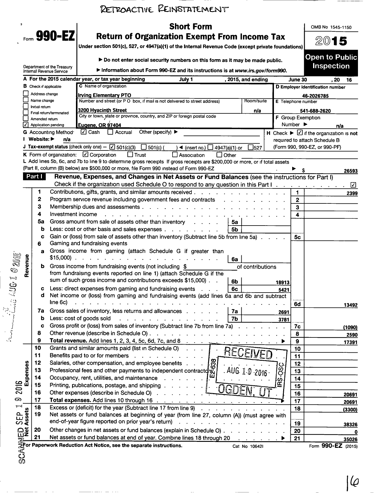 Image of first page of 2015 Form 990EZ for Irving Elementary Pto