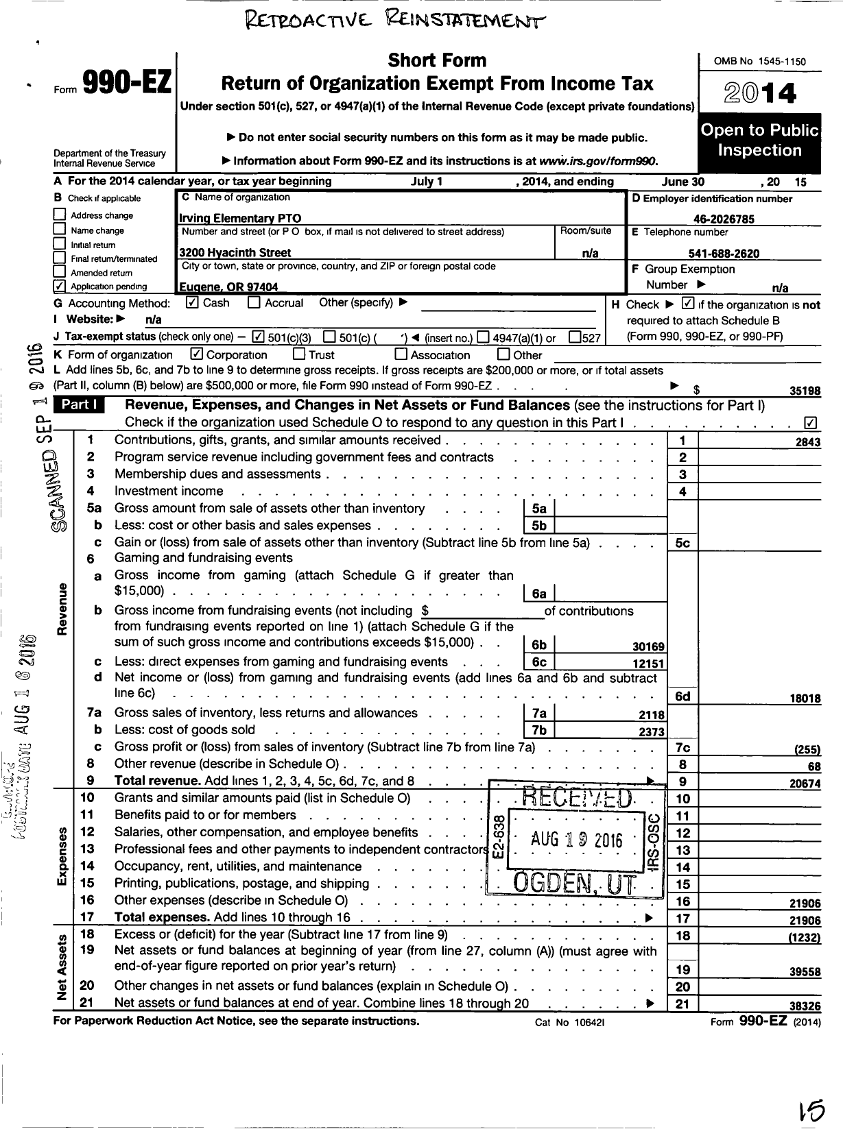 Image of first page of 2014 Form 990EZ for Irving Elementary Pto