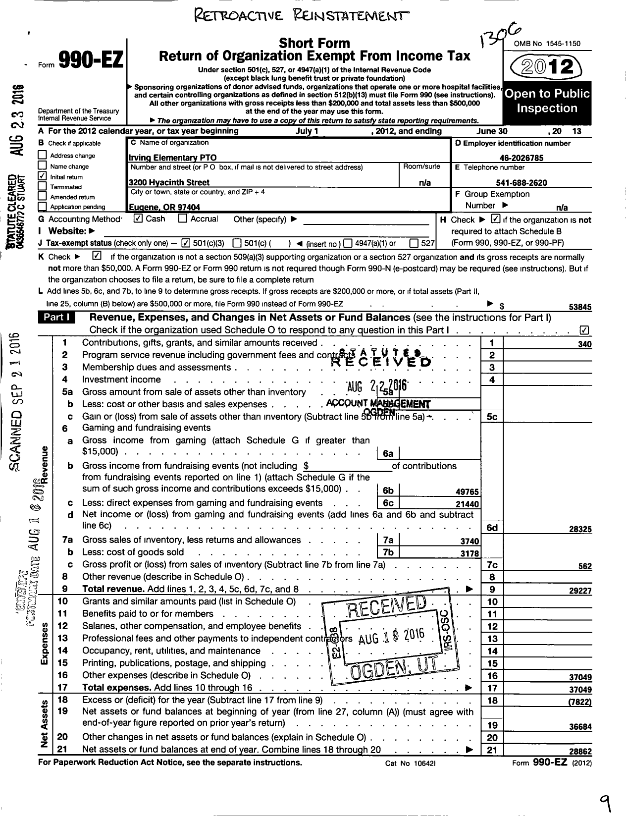 Image of first page of 2012 Form 990EZ for Irving Elementary Pto