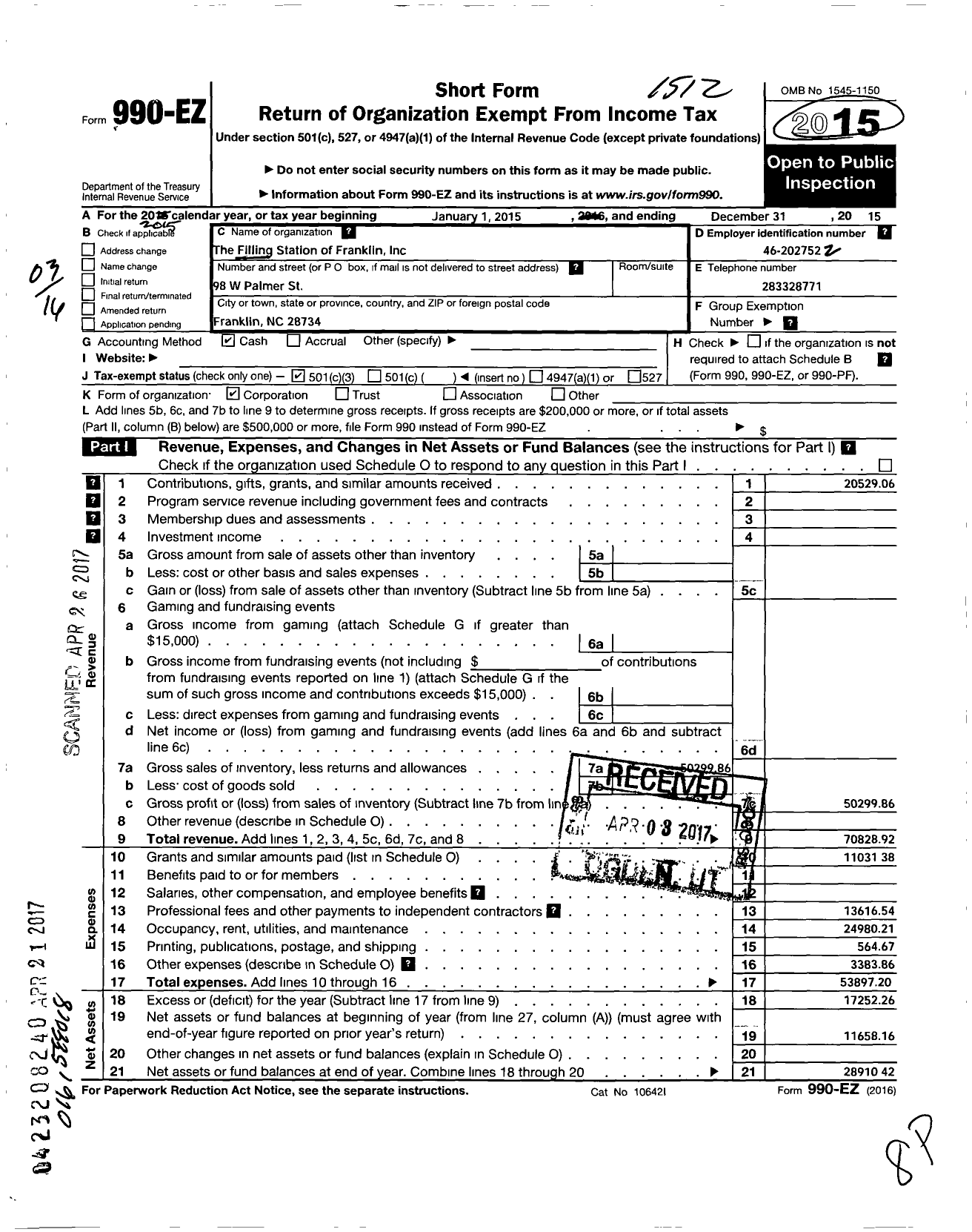 Image of first page of 2015 Form 990EZ for Filling Station of Franklin