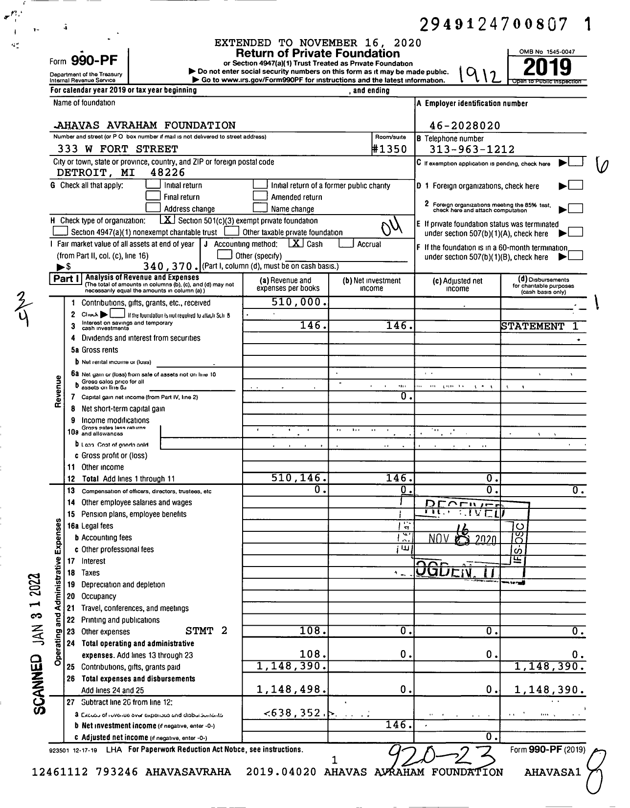 Image of first page of 2019 Form 990PF for Ahavas Avraham Foundation