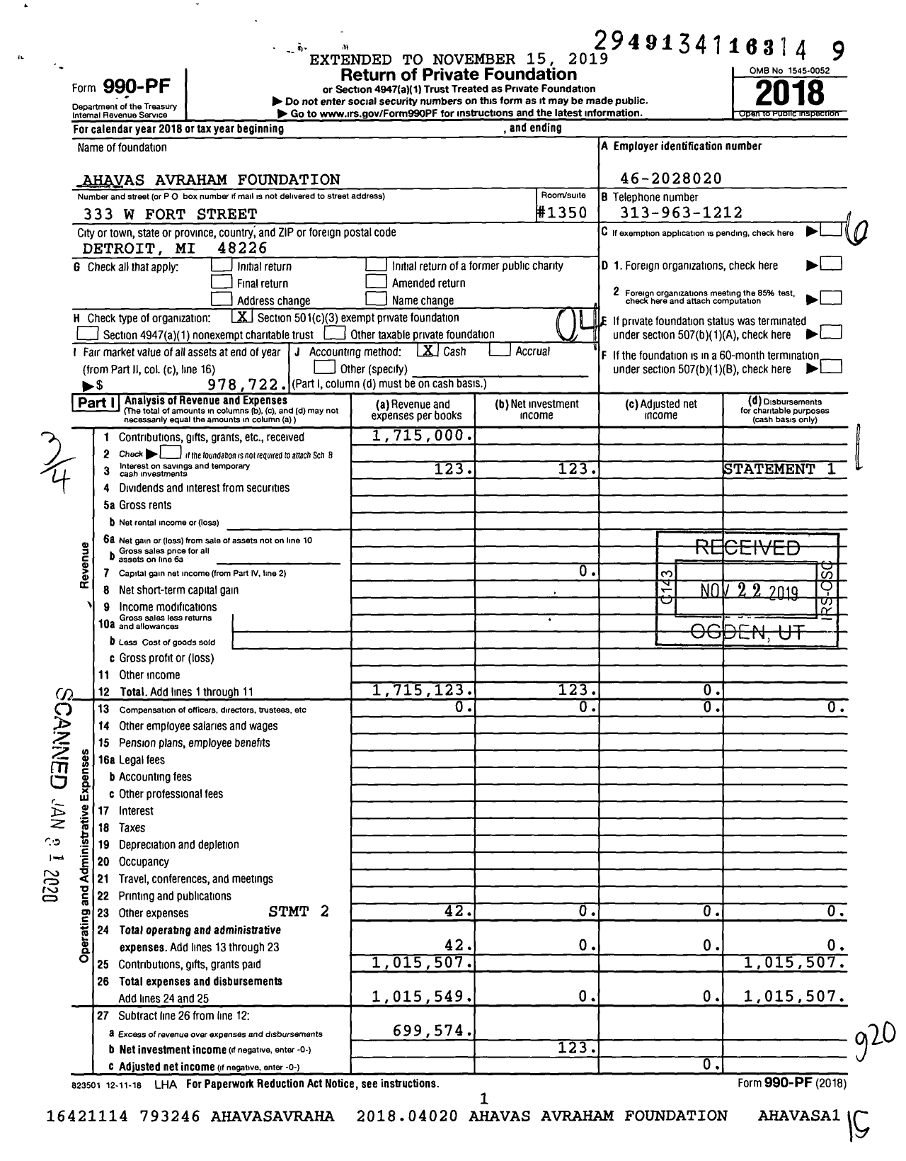 Image of first page of 2018 Form 990PF for Ahavas Avraham Foundation