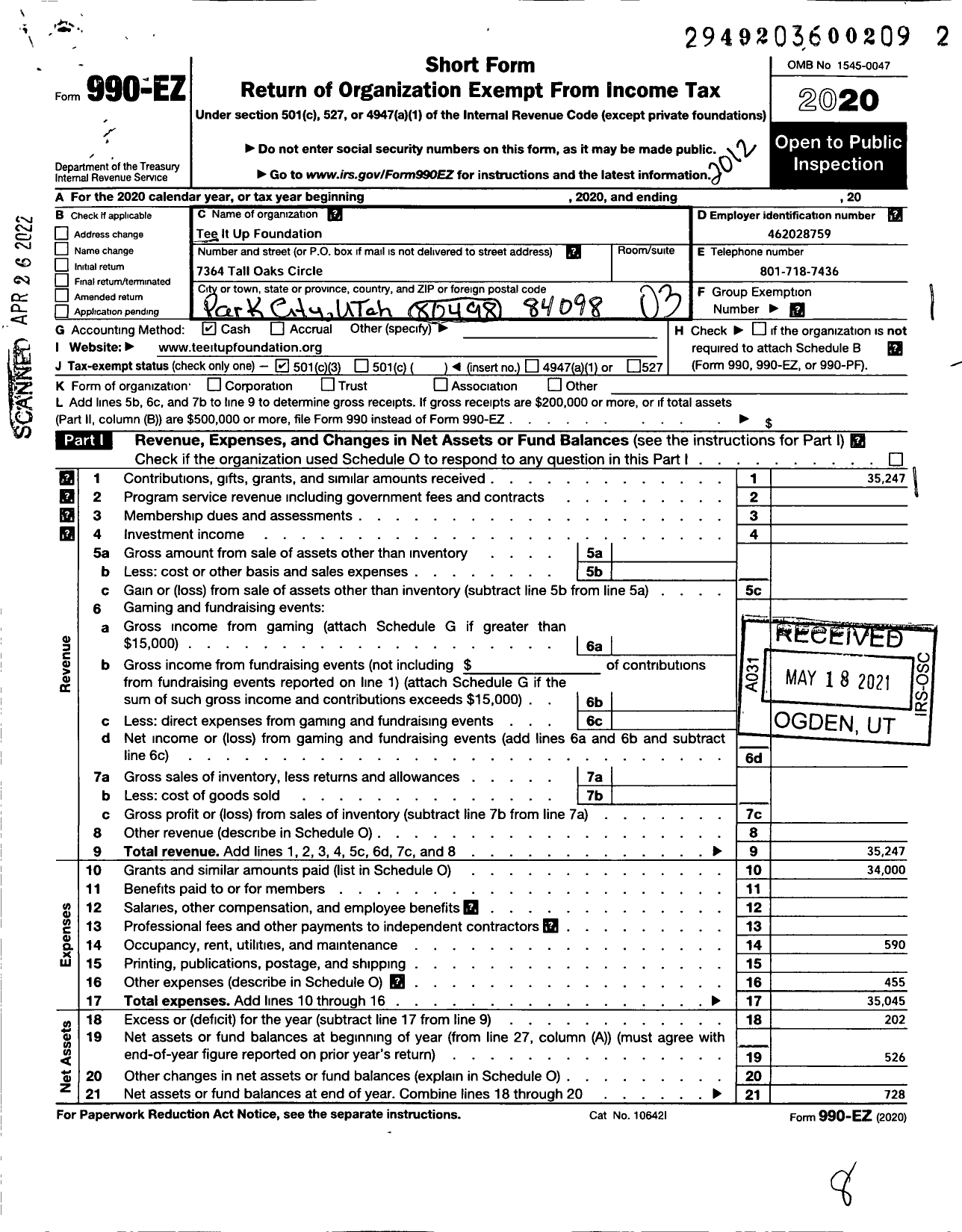 Image of first page of 2020 Form 990EZ for Tee It Up Foundation