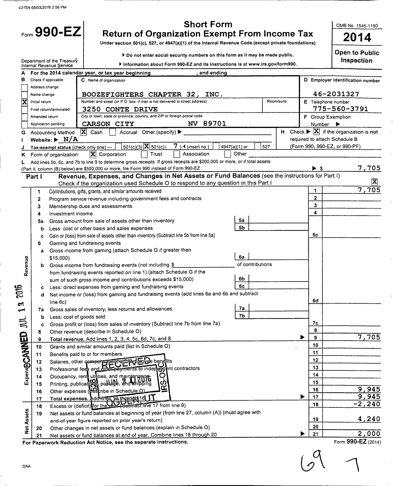 Image of first page of 2014 Form 990EO for Boozefighters Chapter 32 Incorporated