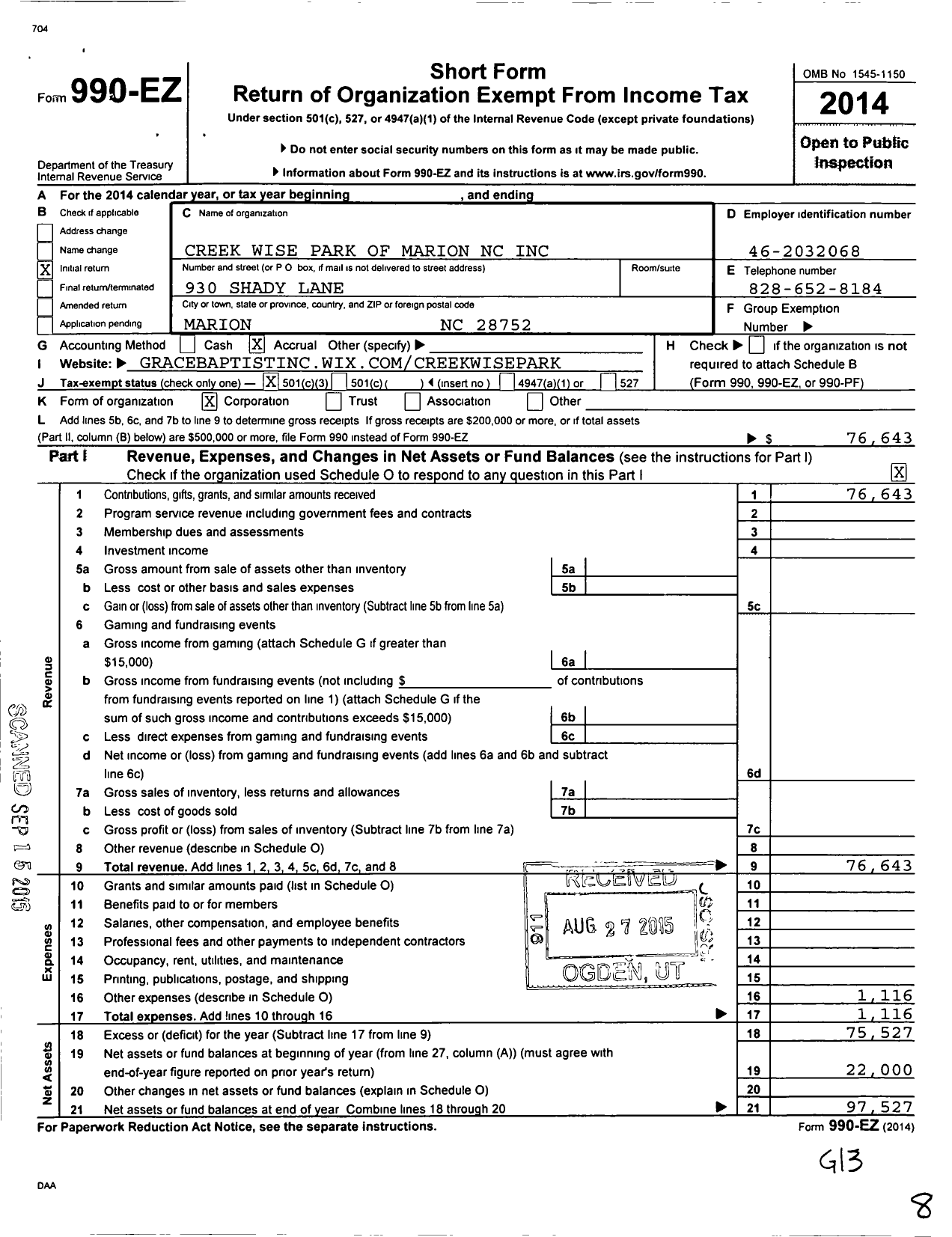 Image of first page of 2014 Form 990EZ for Creek Wise Park of Marion NC