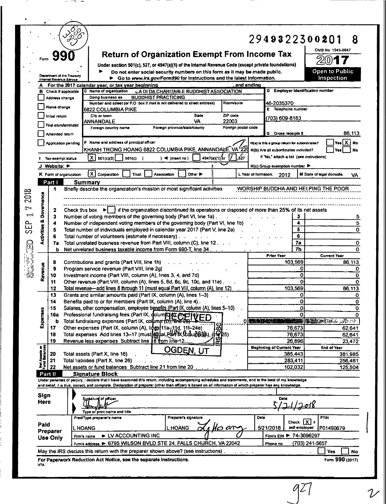 Image of first page of 2017 Form 990 for A Di Da Charitable Buddhist Association