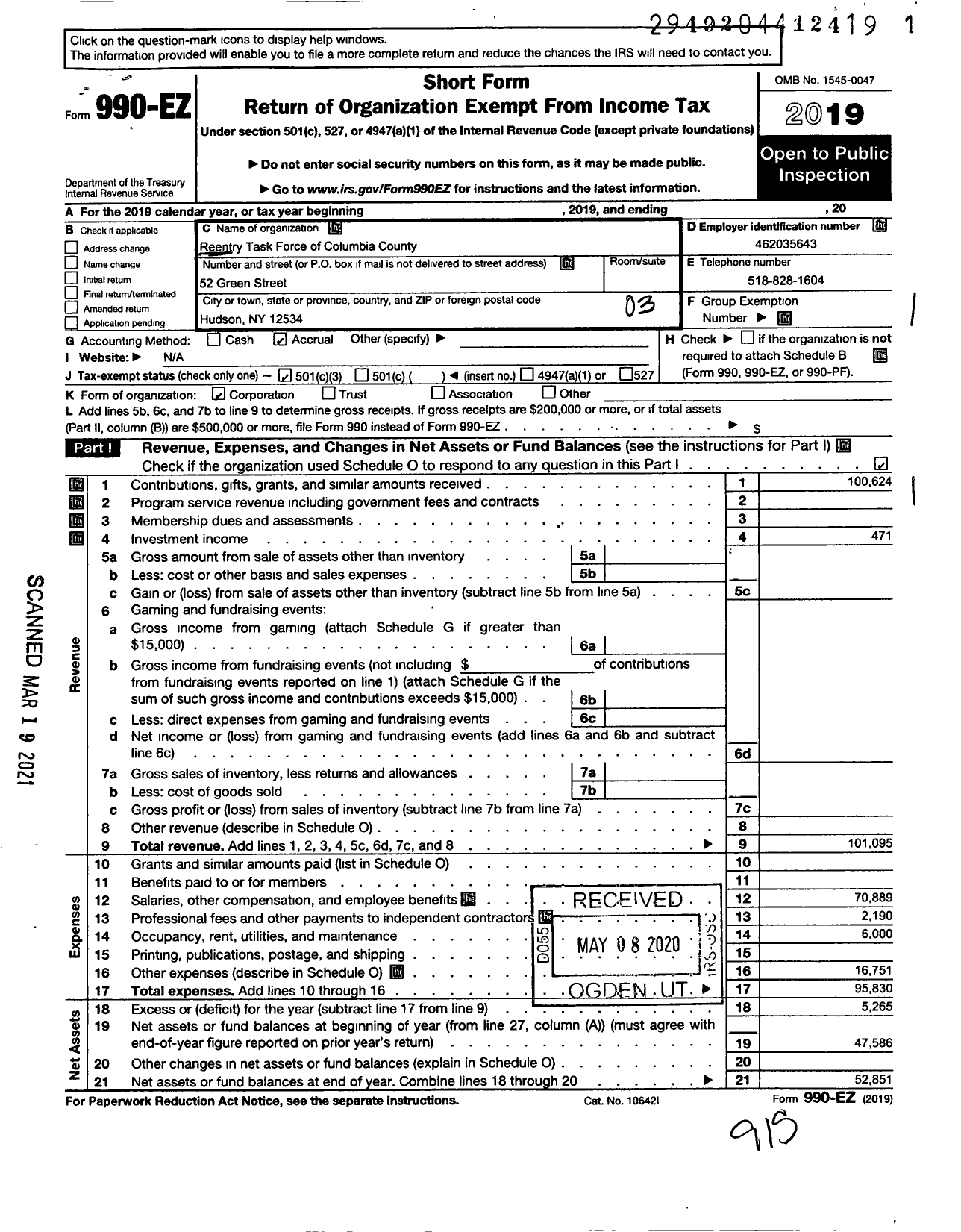 Image of first page of 2019 Form 990EZ for Reentry Task Force of Columbia County