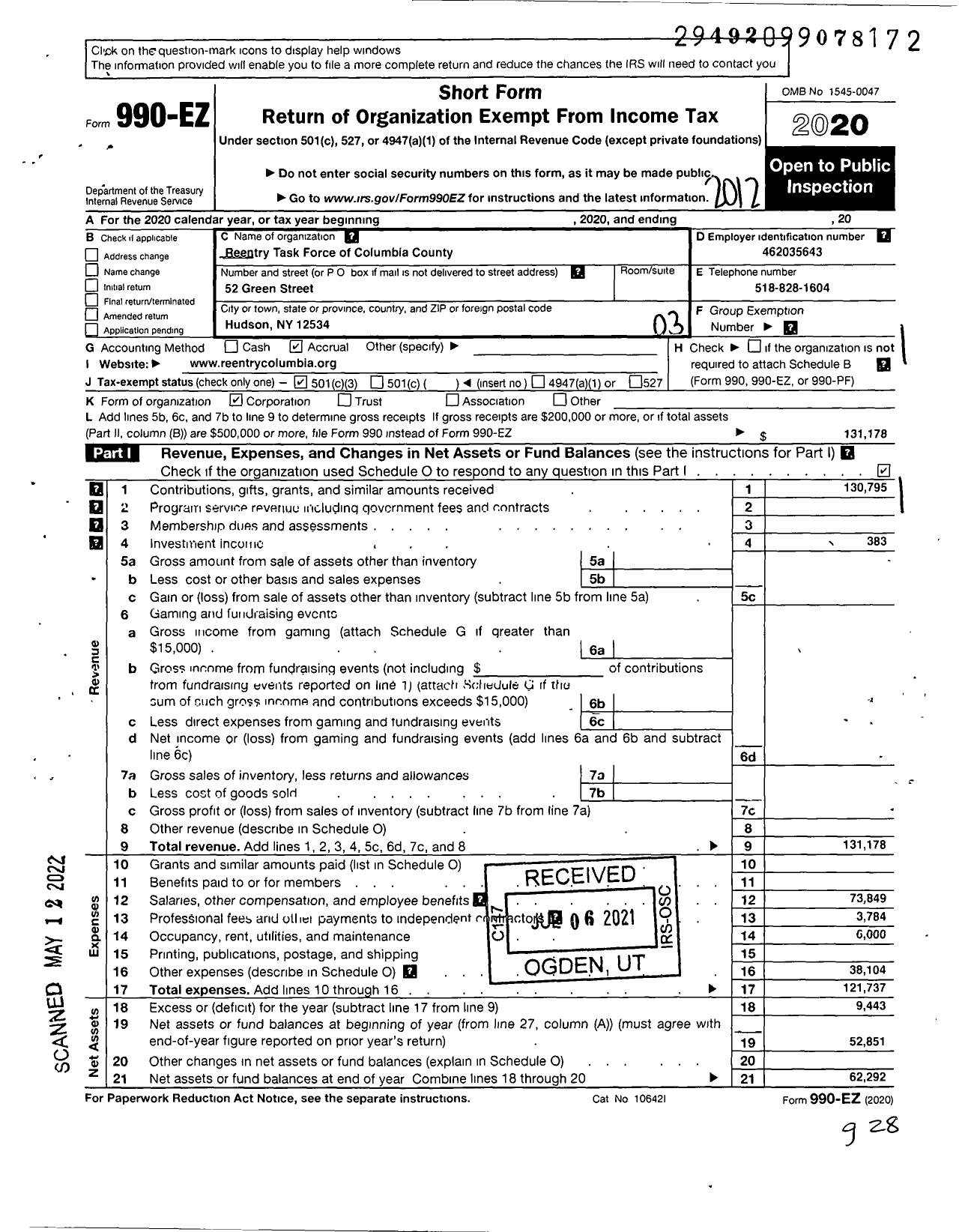 Image of first page of 2020 Form 990EZ for Reentry Task Force of Columbia County