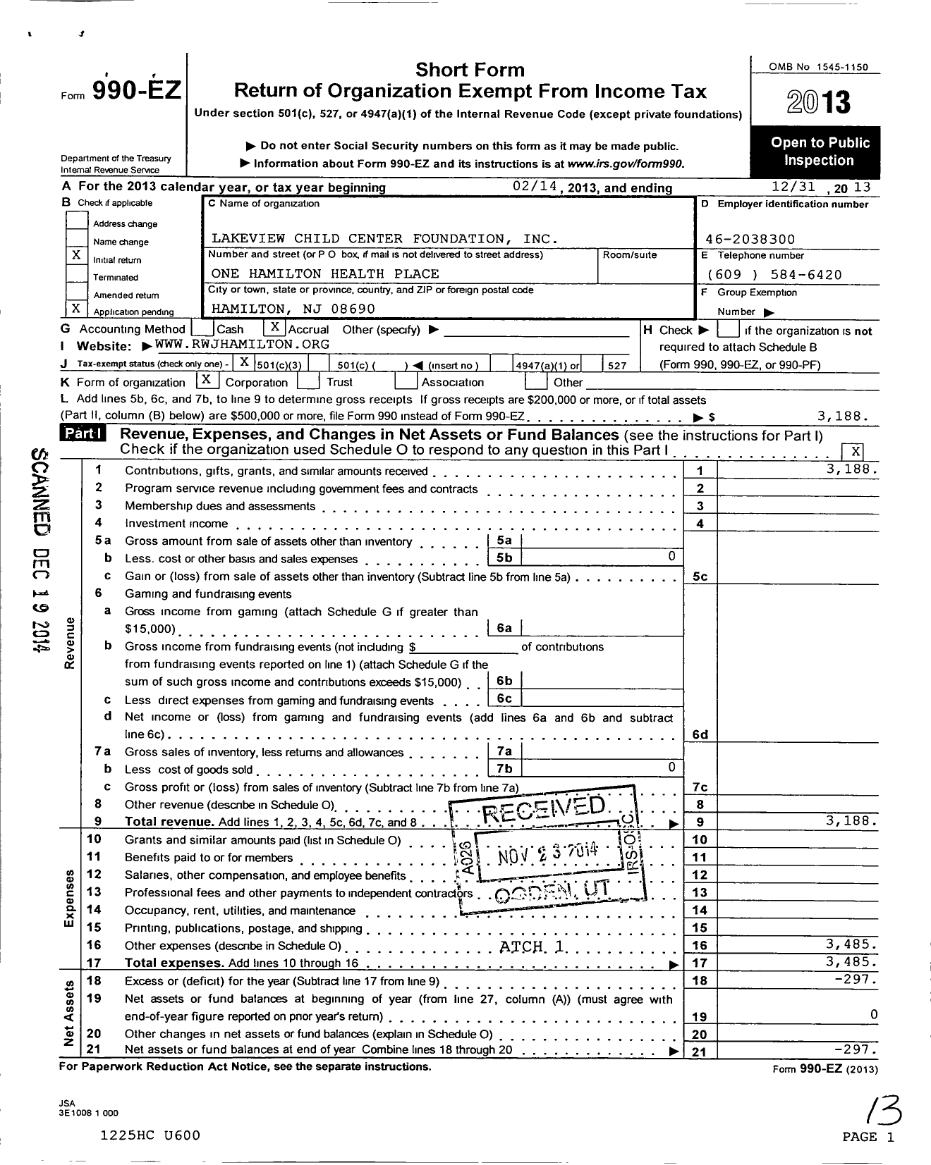 Image of first page of 2013 Form 990EZ for Lakeview Child Center Foundation