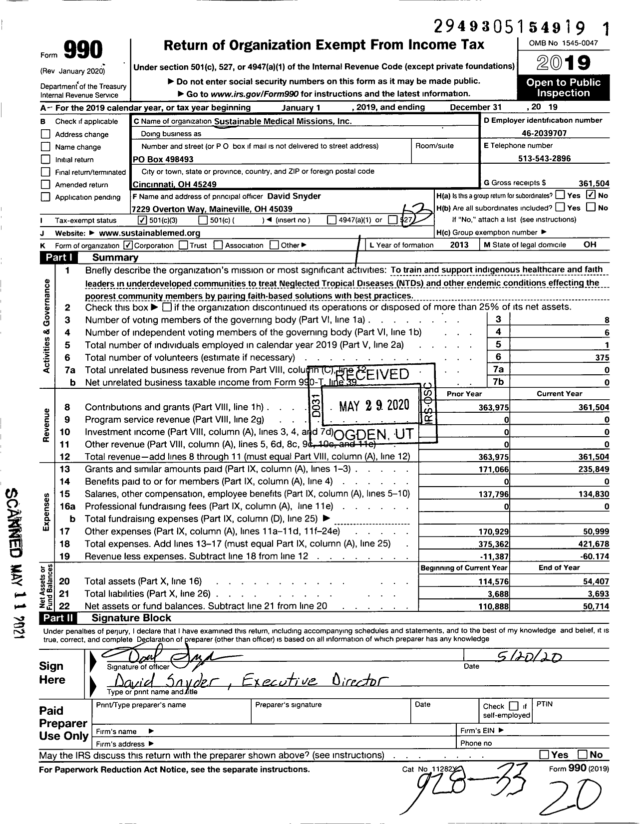 Image of first page of 2019 Form 990 for Sustainable Medical Missions