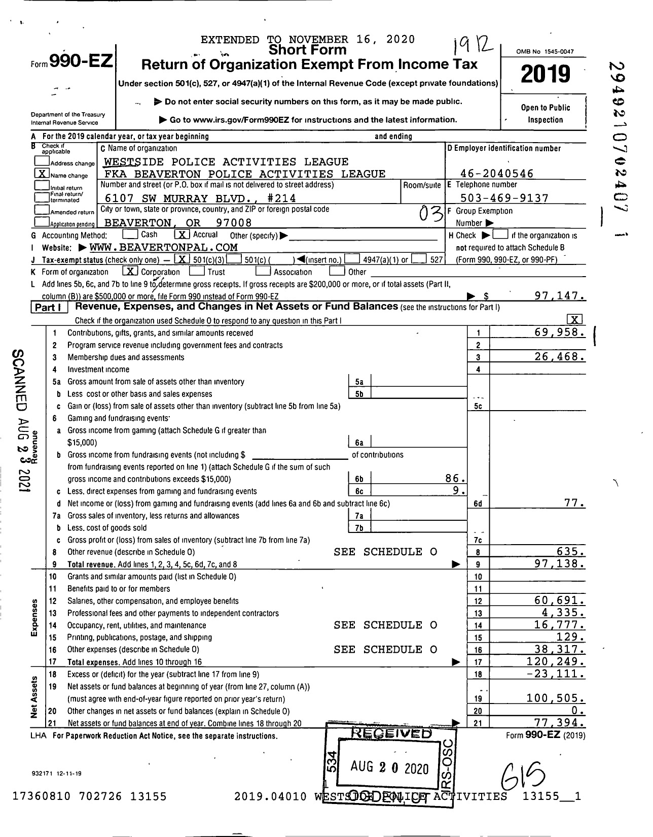 Image of first page of 2019 Form 990EZ for Westside Pal