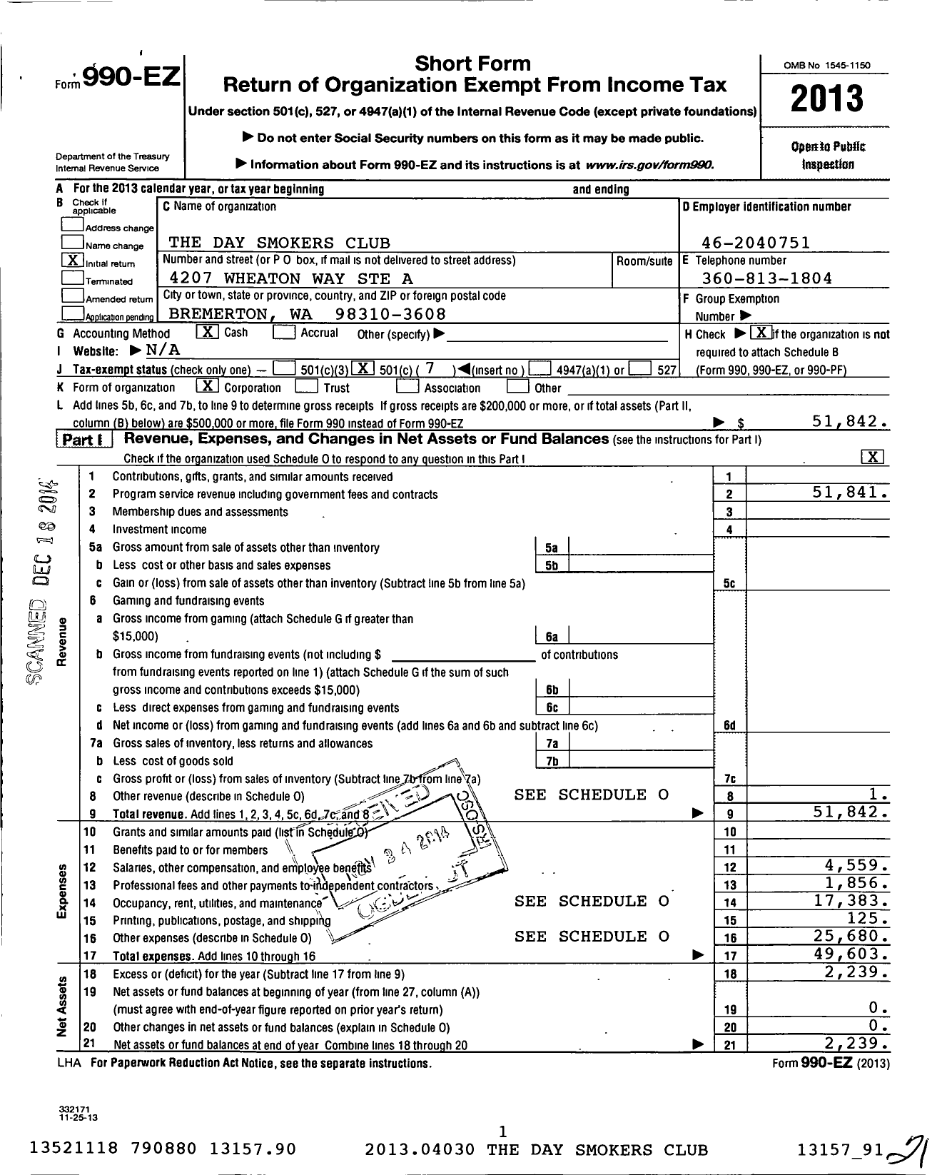 Image of first page of 2013 Form 990EO for The Day Smokers Club