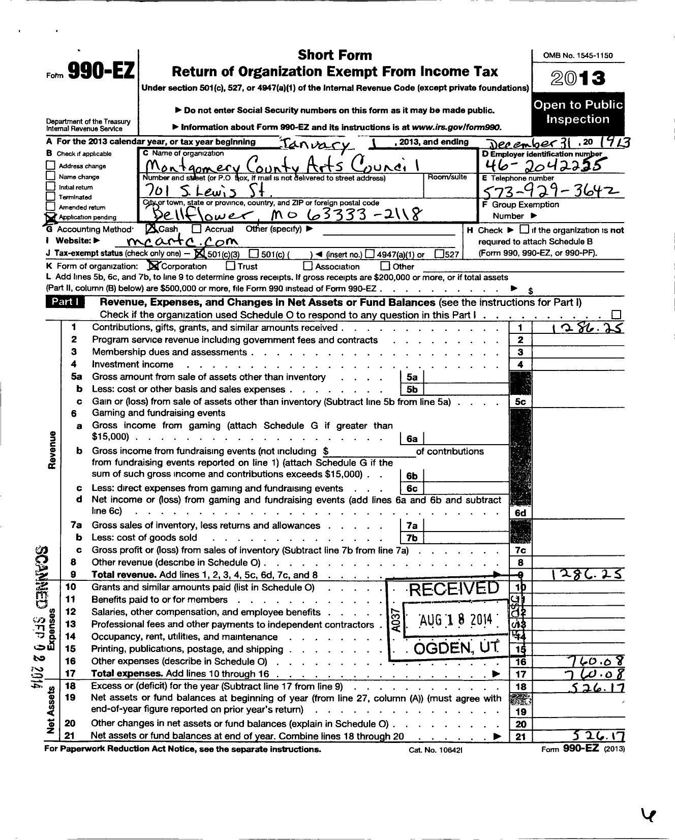 Image of first page of 2013 Form 990EZ for Montgomery County Arts Council