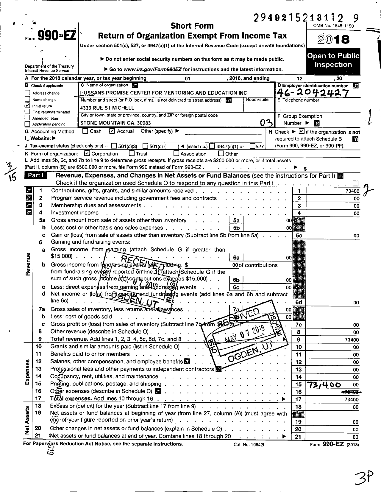 Image of first page of 2018 Form 990EZ for Hussans Promise Center for Mentoring and Education