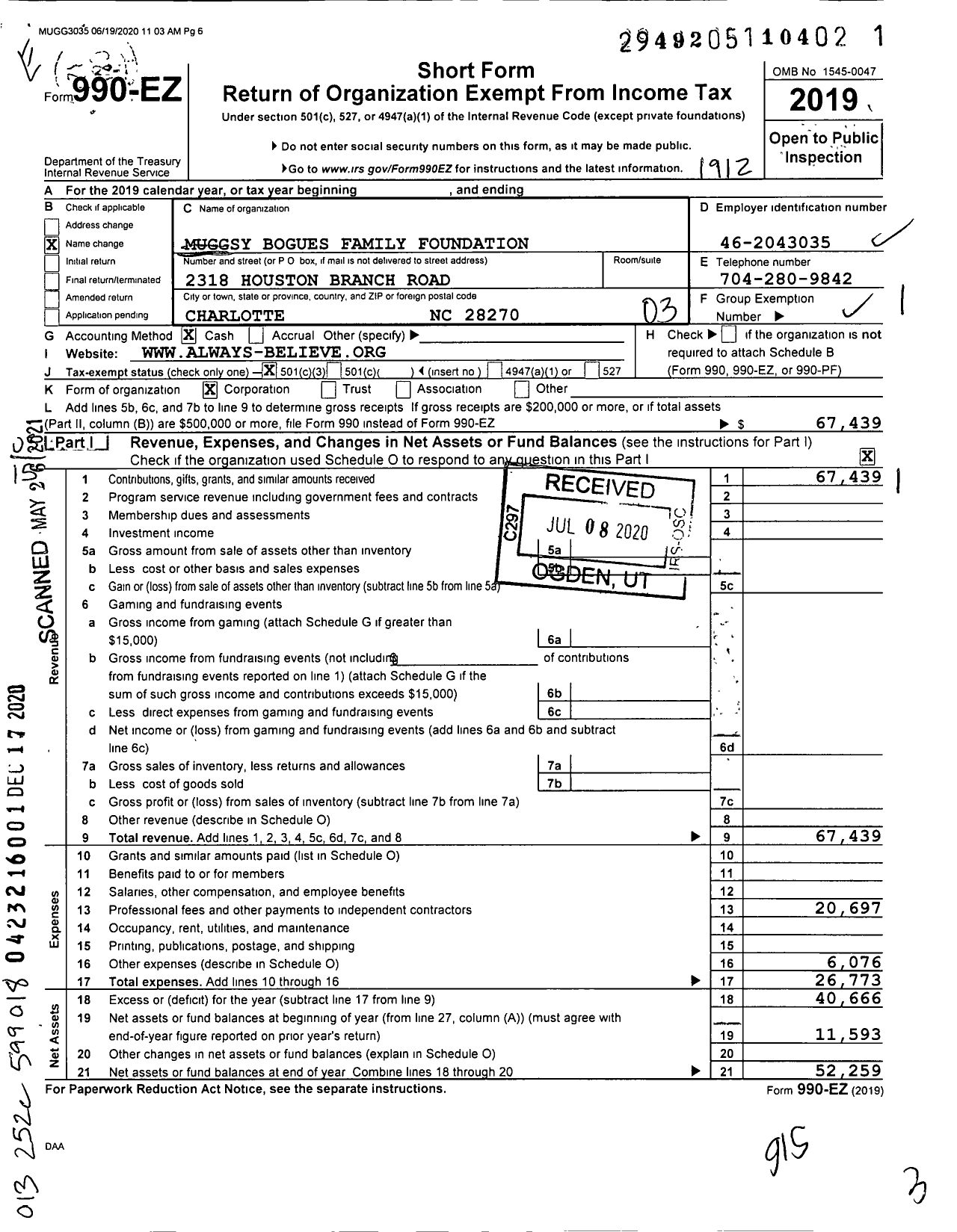 Image of first page of 2019 Form 990EZ for Muggsy Bogues Family Foundation